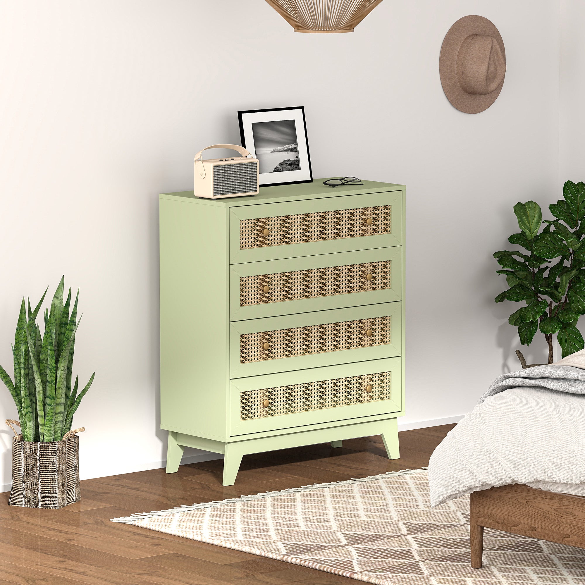 Rattan Chest of Drawers, 4 Drawer Storage Unit with Tapered Legs, Bedroom Storage Organiser Dresser for Bedside, Entryway, Hallway, Living Room, Light Green