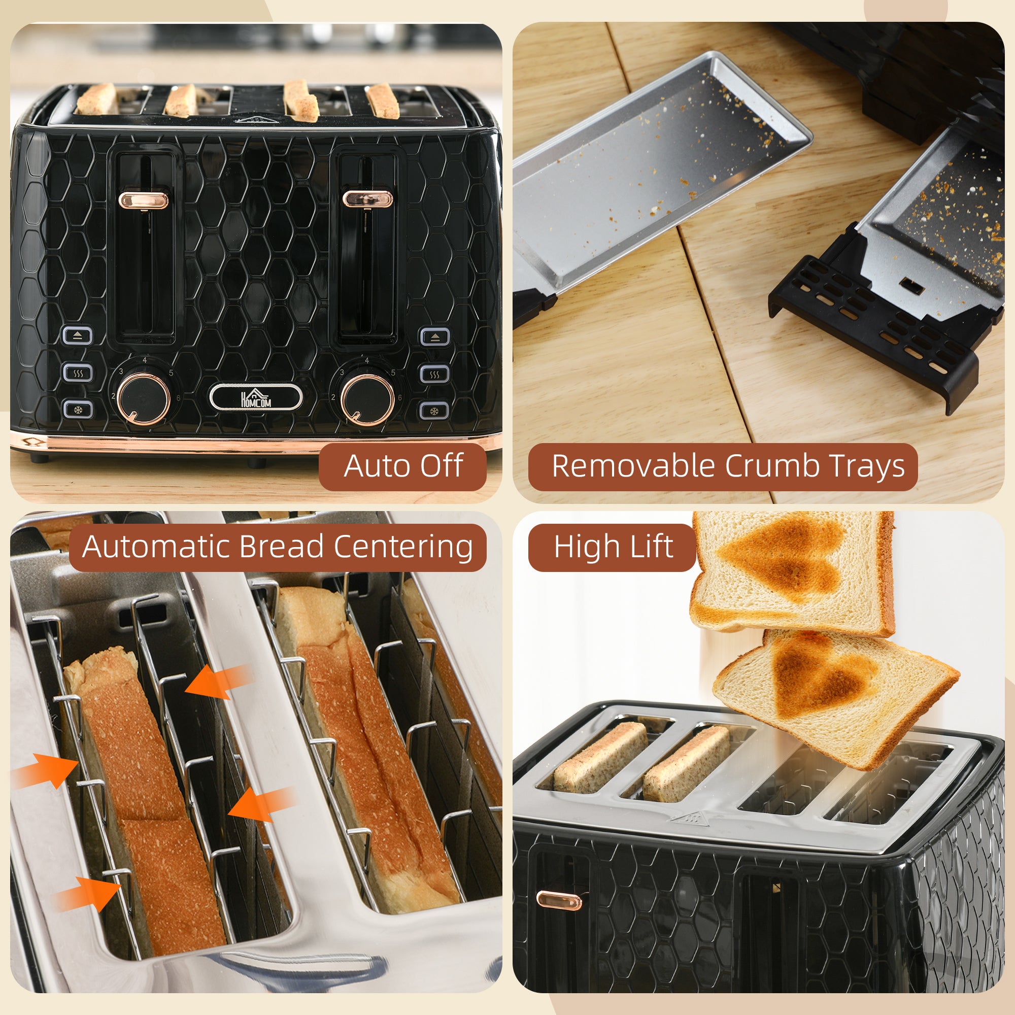 4 Slice Toaster with 7 Browning Levels, High Lift, Reheat/Defrost/Cancel, Self-centring Function, Removable Crumb Tray, Auto Off, 1600W, Black Honeycomb Texture