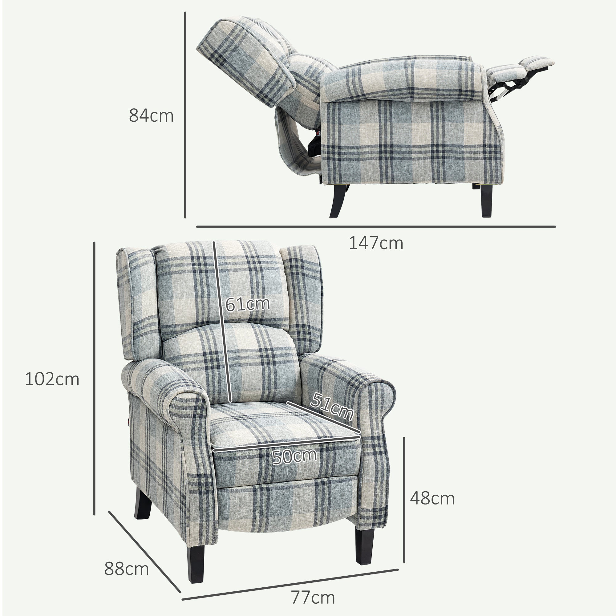 160° Reclining Armchair with Footrest Linen Upholstery - Grey