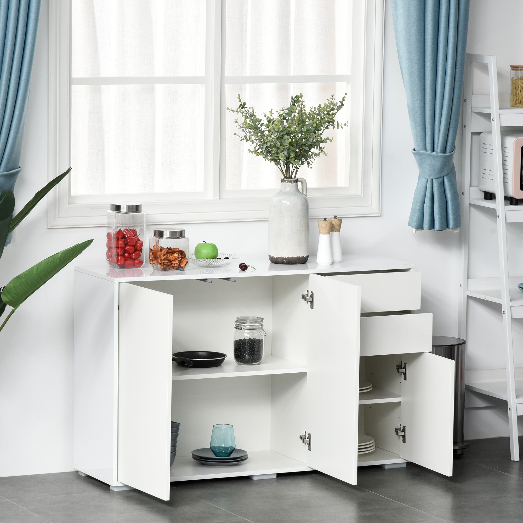 High Gloss Frame Sideboard, Side Cabinet, Push-Open Design with 2 Drawer for Living Room, Bedroom, White