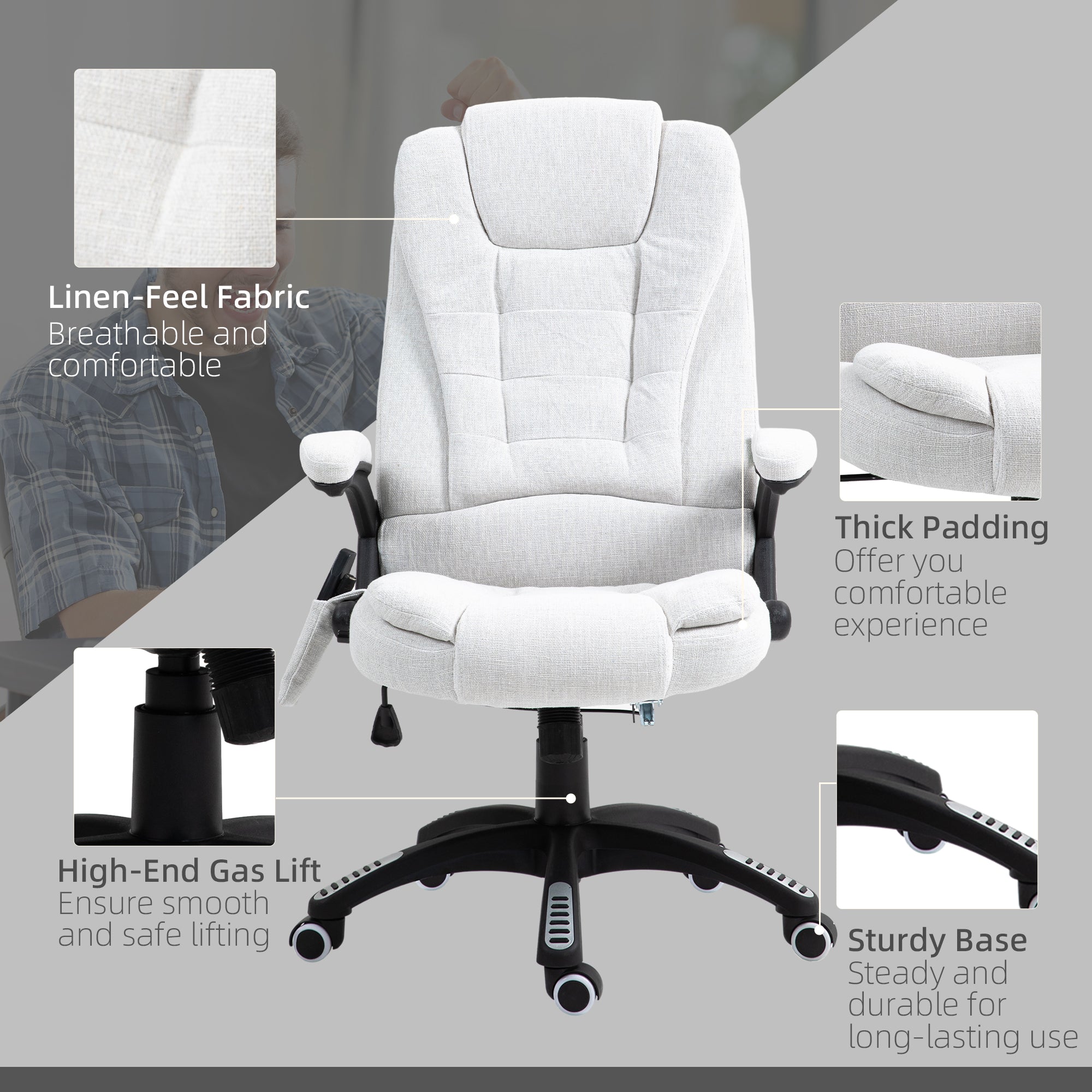 Massage Recliner Chair Heated Office Chair with Six Massage Points Linen-Feel Fabric 360° Swivel Wheels Cream White