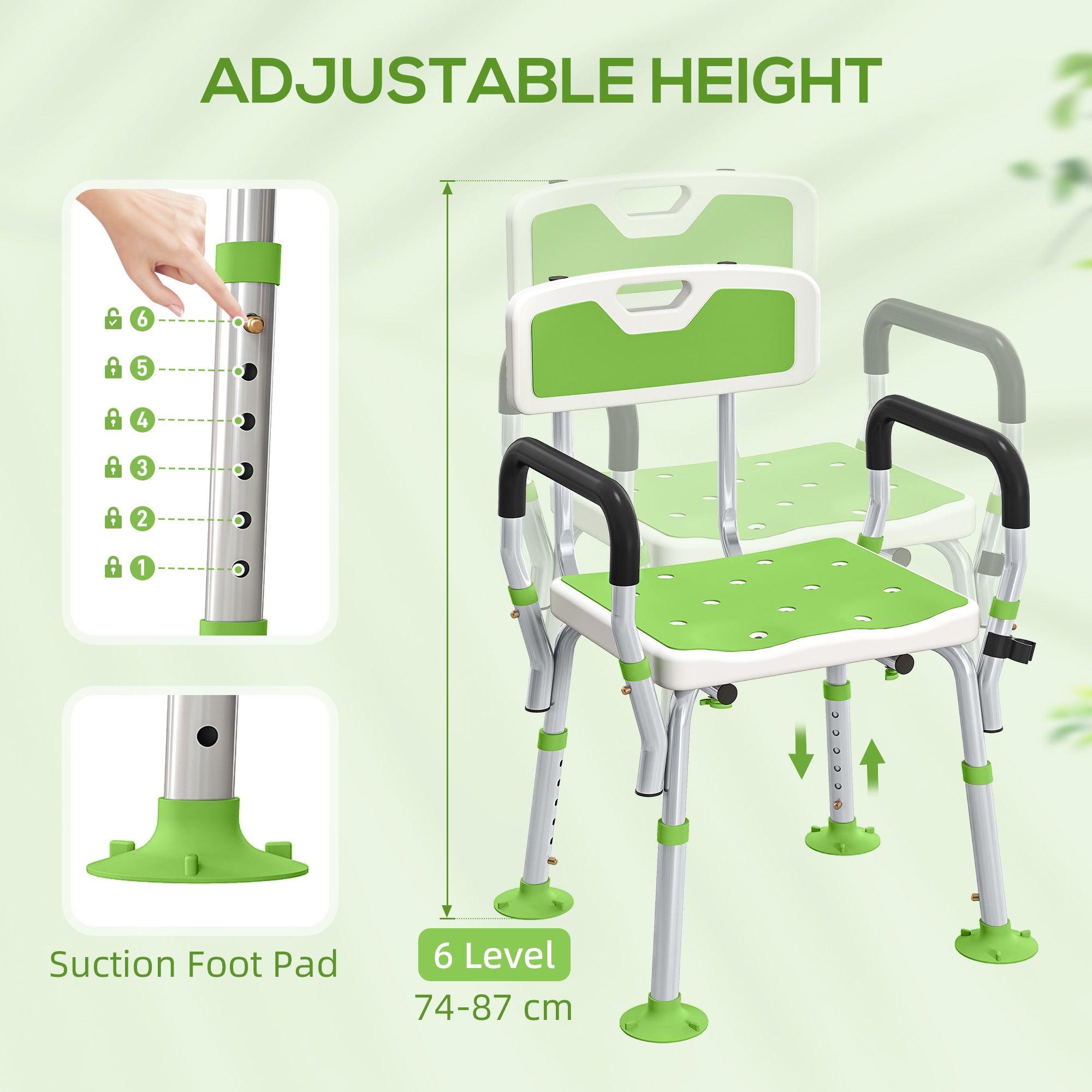 EVA Padded Shower Chair for the Elderly and Disabled, Height Adjustable Shower Stool with Back and Arms, 4 Suction Foot Pads, Green