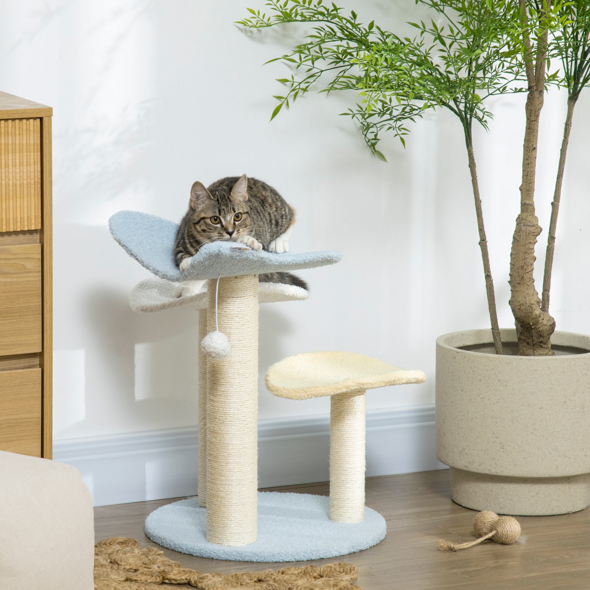 Indoor Cat Tree, with Sisal Scratching Post, Toy Ball - Blue and Cream