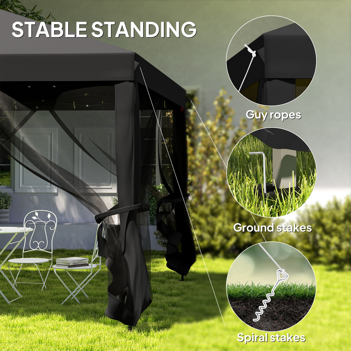 3 x 3 m Pop Up Gazebo with Removable Mesh Sidewalls and Carry Bag - Black