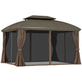 3.65 x 3m Hardtop Steel Gazebo Canopy with Aluminium Frame, Double Roof, Net Sidewalls & Curtains - Coffee