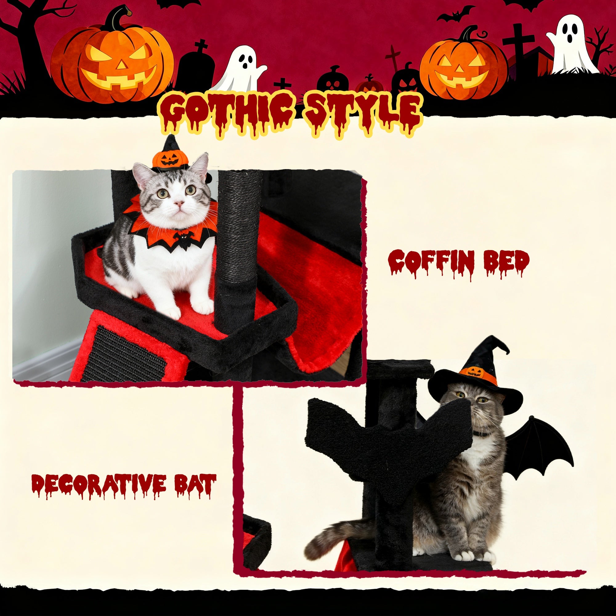 Gothic Cat Tree, 152 cm Multi-Level Cat Tower for Large Cats with Coffin Bed, Large Condo, for Halloween