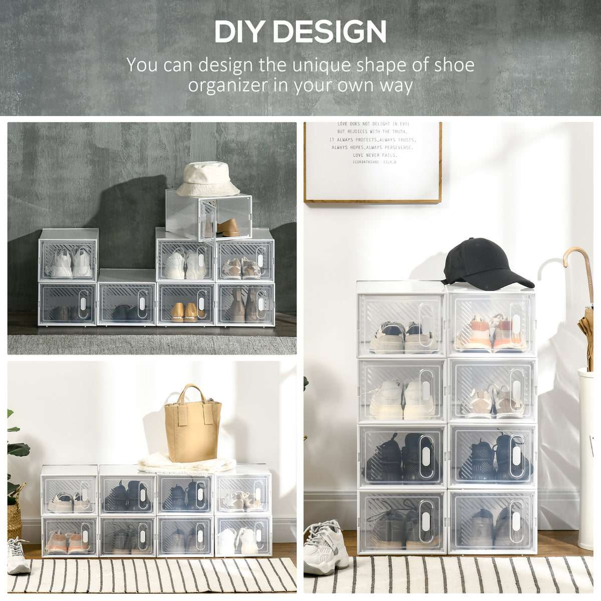 8PCS Clear Stackable Shoe Storage Boxes with Magnetic Door for UK/EU Size up to 8.5/43 - Clear