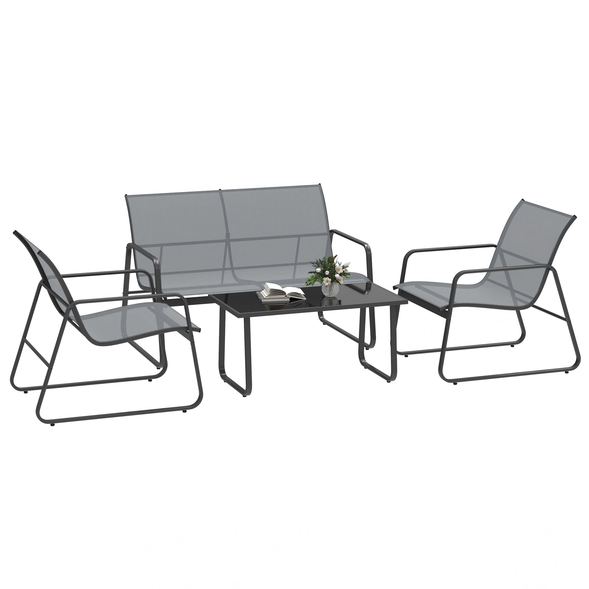 4 Piece Outdoor Garden Furniture Set with Double and Single Chairs & Glass Top Table - Light Grey