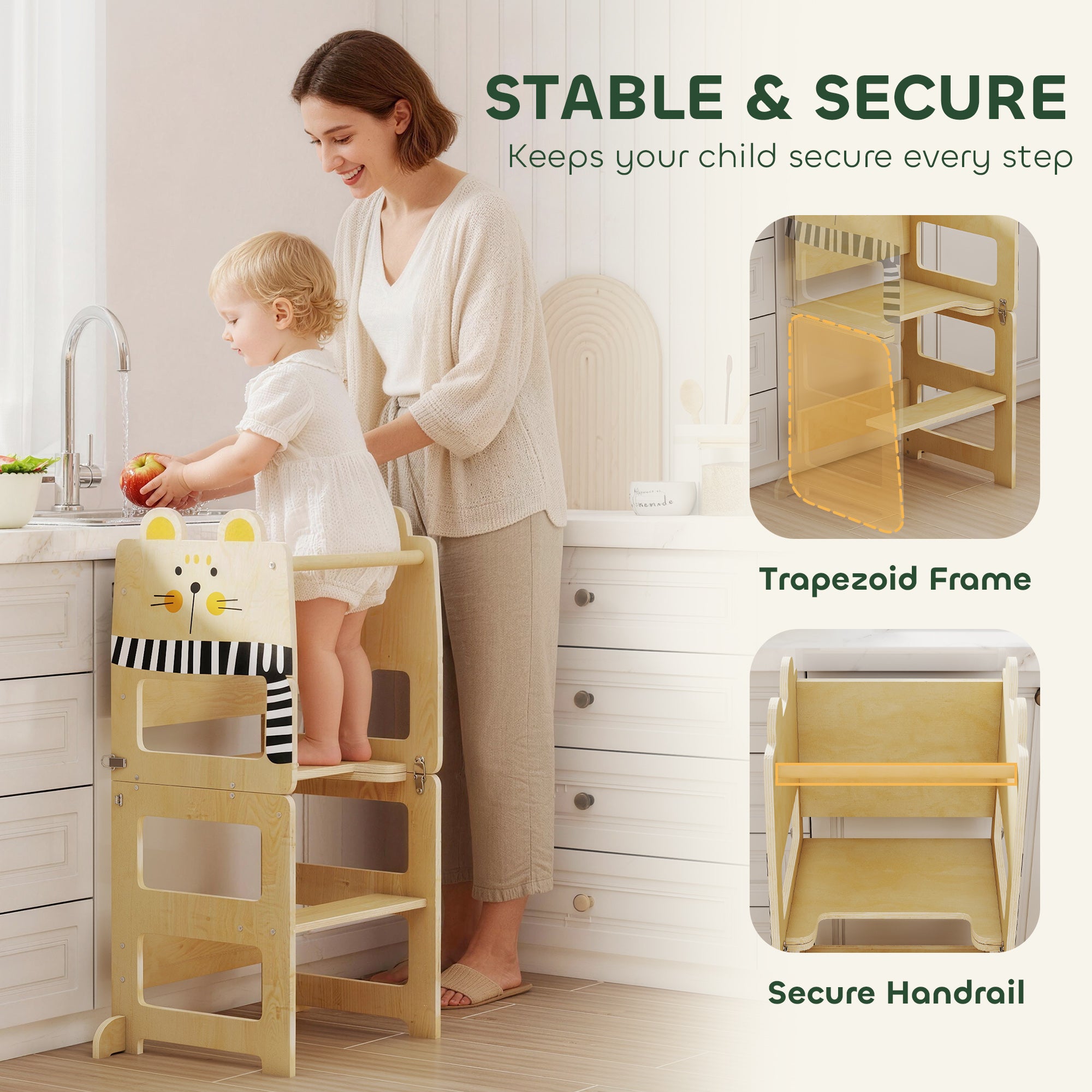 Toddler Step Stool, Standing Tower with Chalkboard, 3-in-1 Cat-Shaped Step Stool for Kitchen Counter, Natural