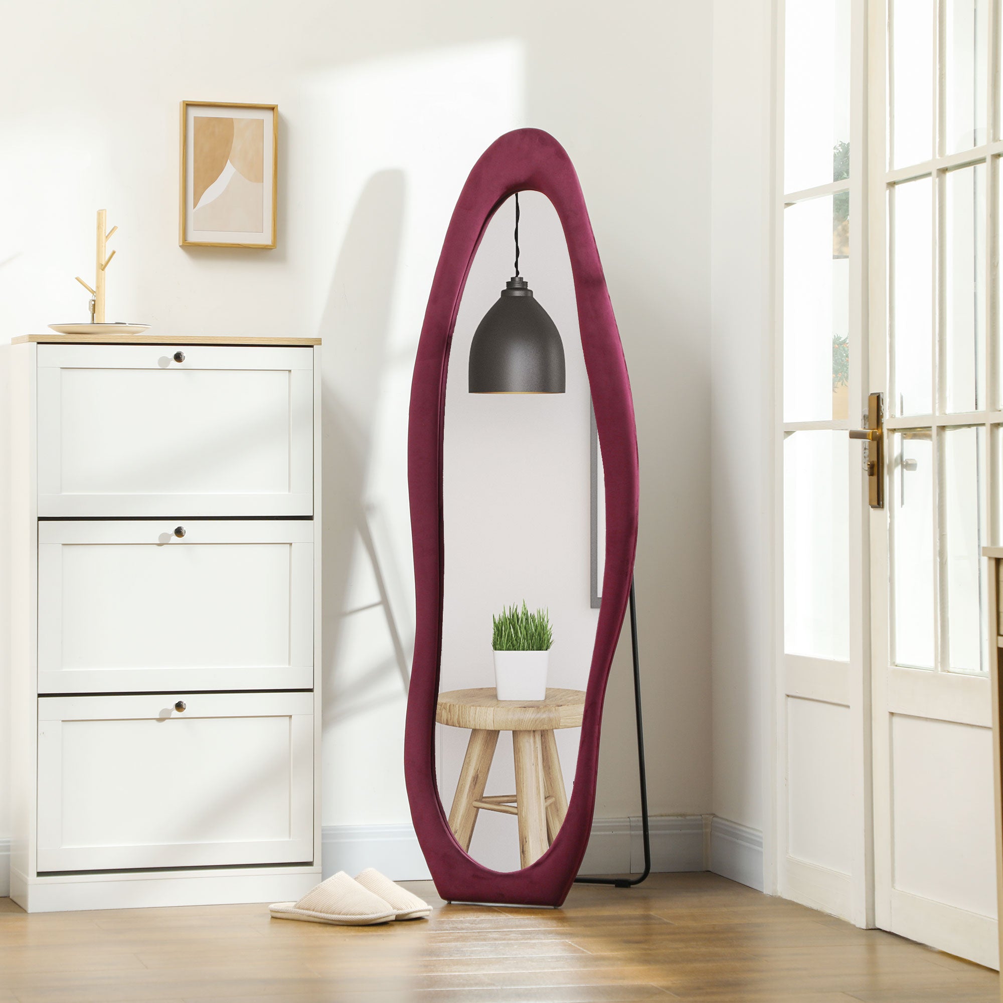 Wavy Velvet-Feel Full Length Mirror - Wine Red