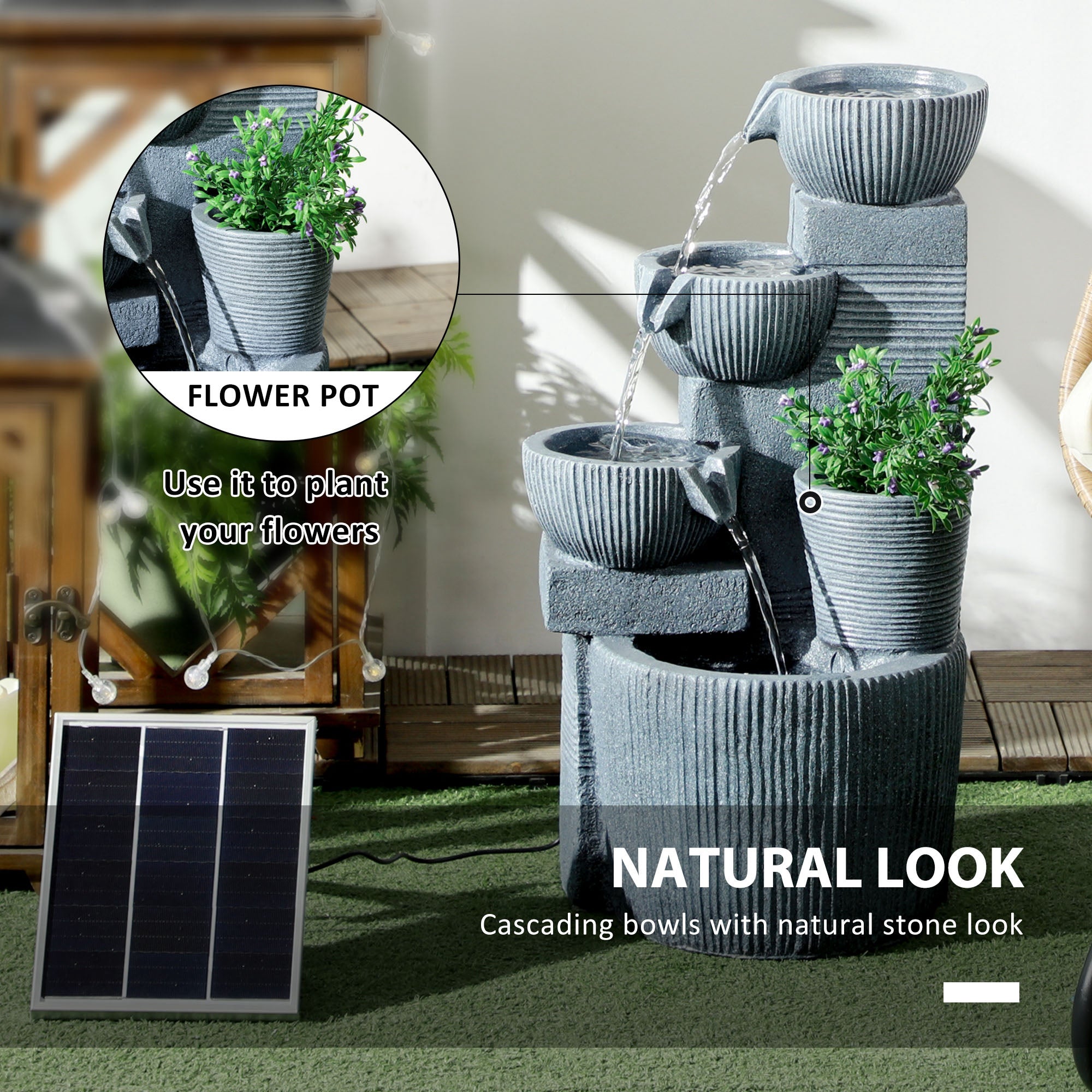 Solar Powered Four-Tier Outdoor Water Fountain with LED Lighting - Dark Grey