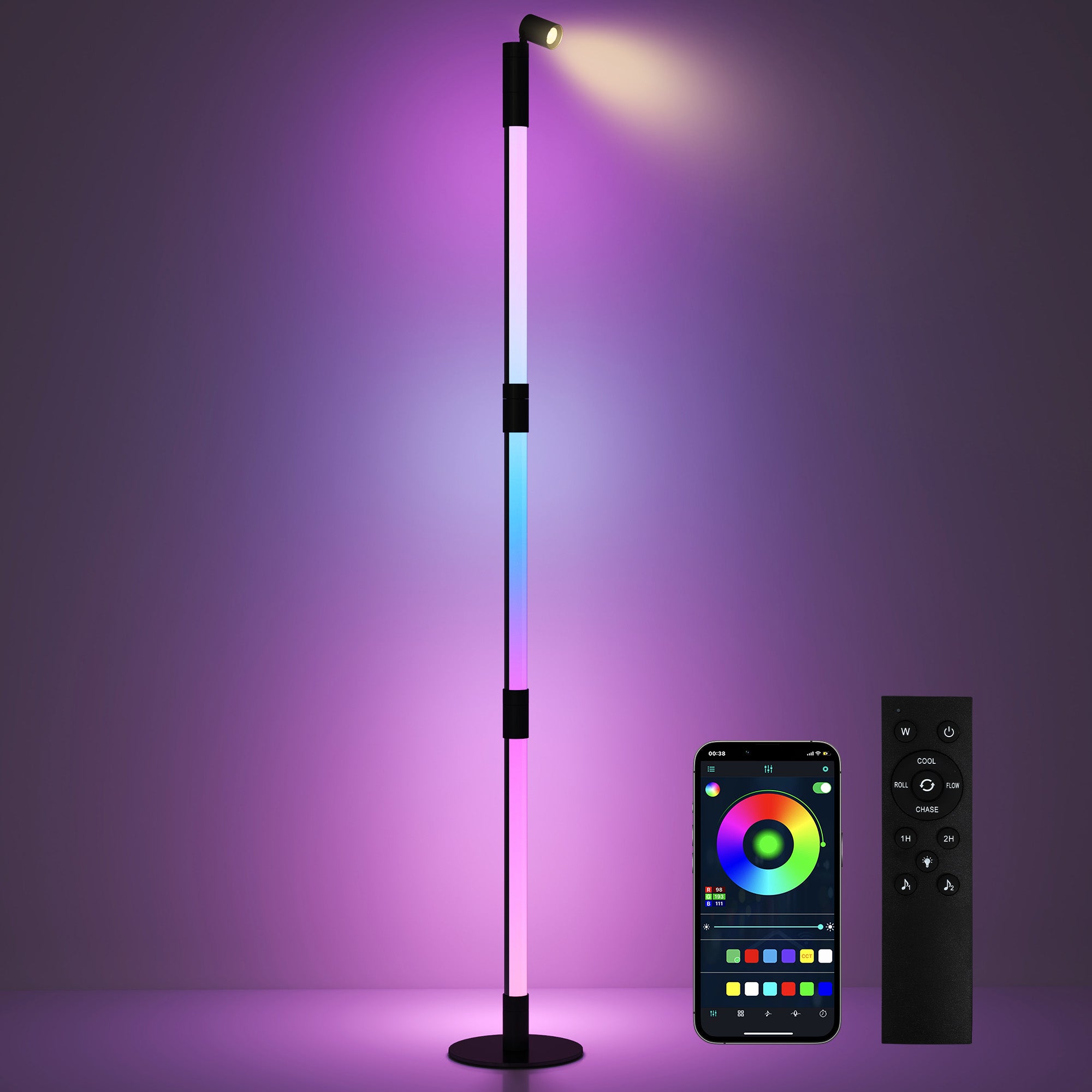 LED Floor Lamp with Reading Light, 360° RGB Detachable Corner Floor Lamp with App & Remote Control, Standing Lamp with Music Sync & Timing, for Living Room, Game Room, Dark Grey