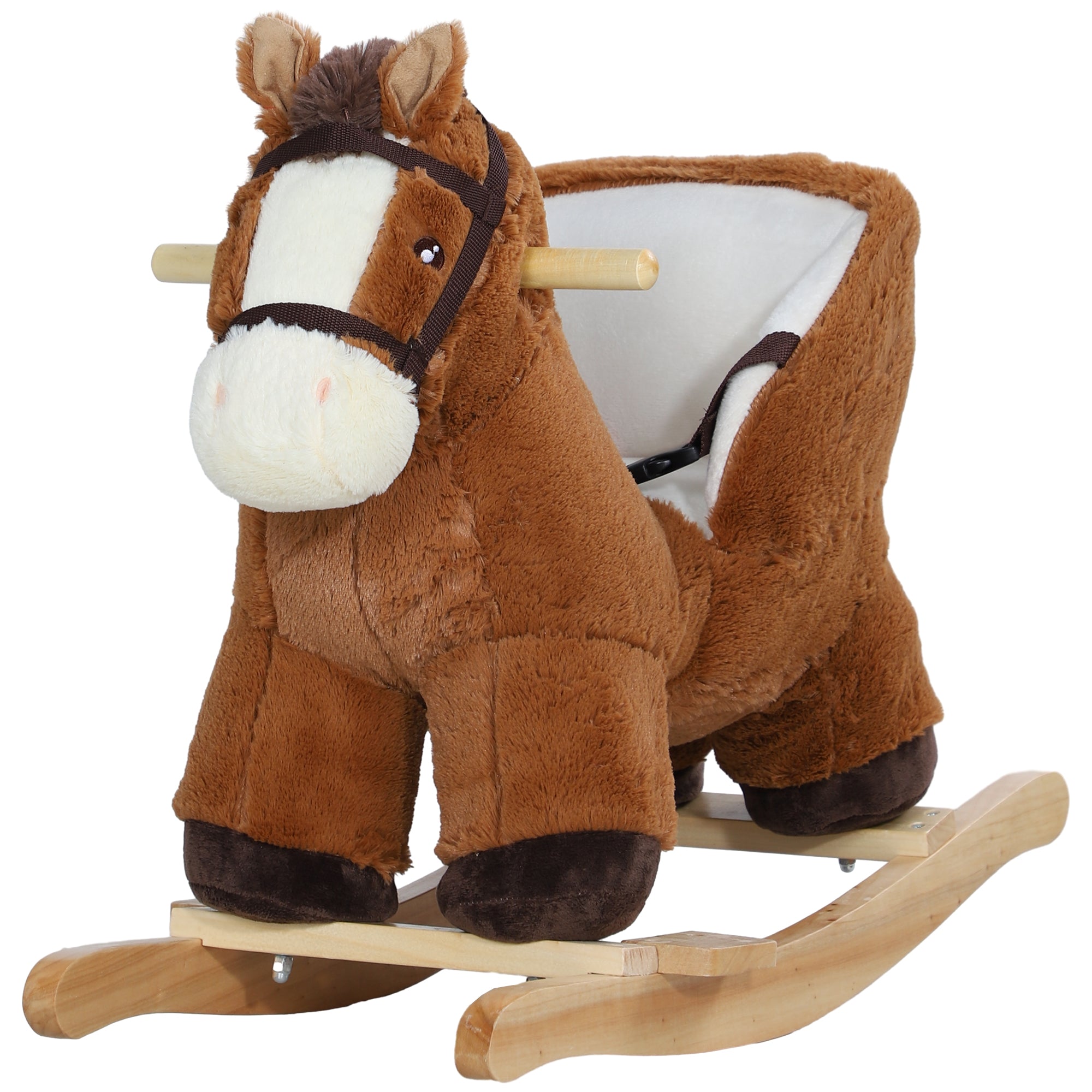 Kids Rocking Horse, Plush Ride on Horse, with Sound, Wood Base, for Ages 18-36 Months, Brown