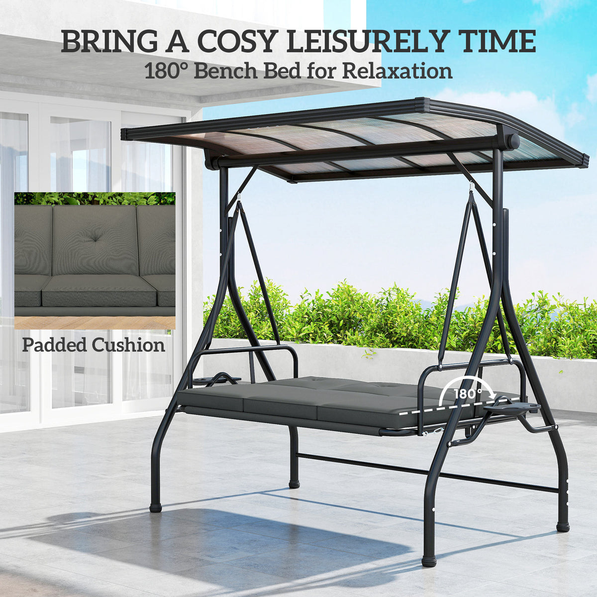 Convertible Three-Seater Swing Bench with Adjustable Canopy and Cup Trays - Dark Grey
