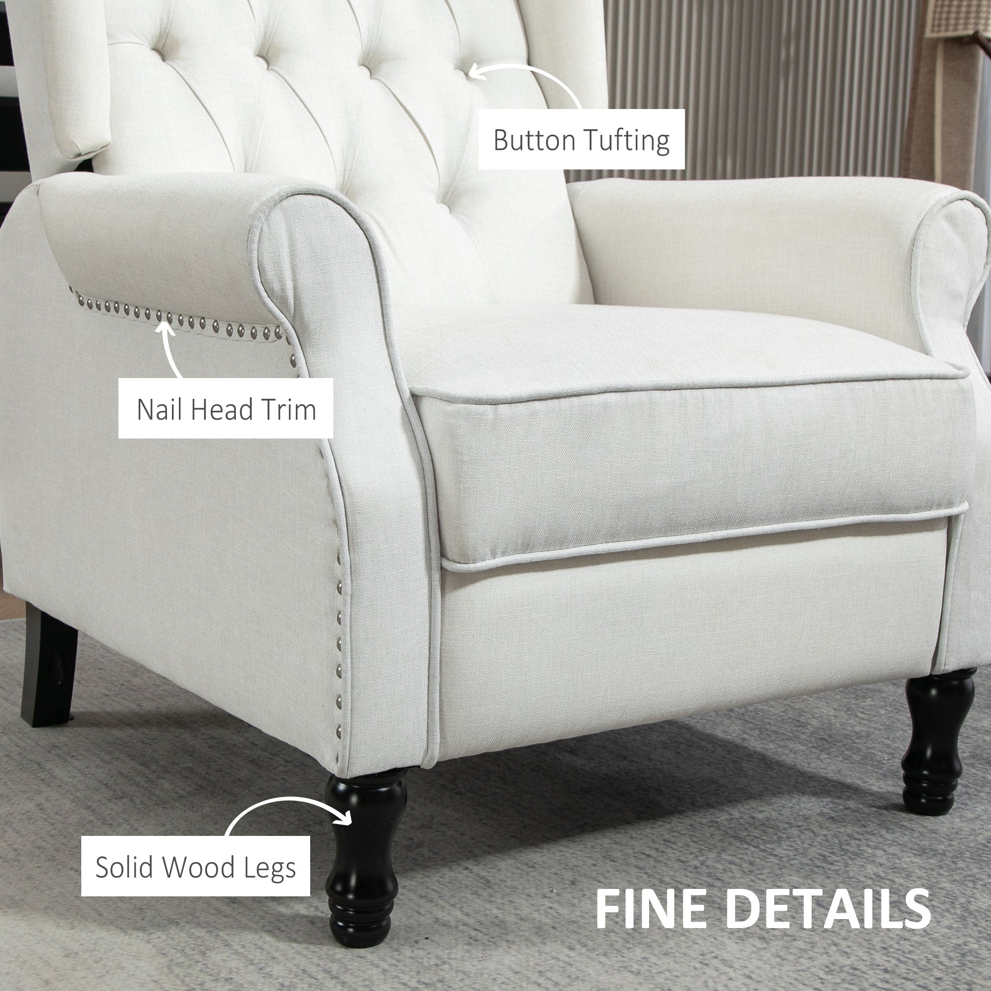 Recliner Armchair, Vintage Reclining Chair with Nail Head Trim, Wingback Chair with Button Tufted Back and Footrest, for Living Room, Cream White