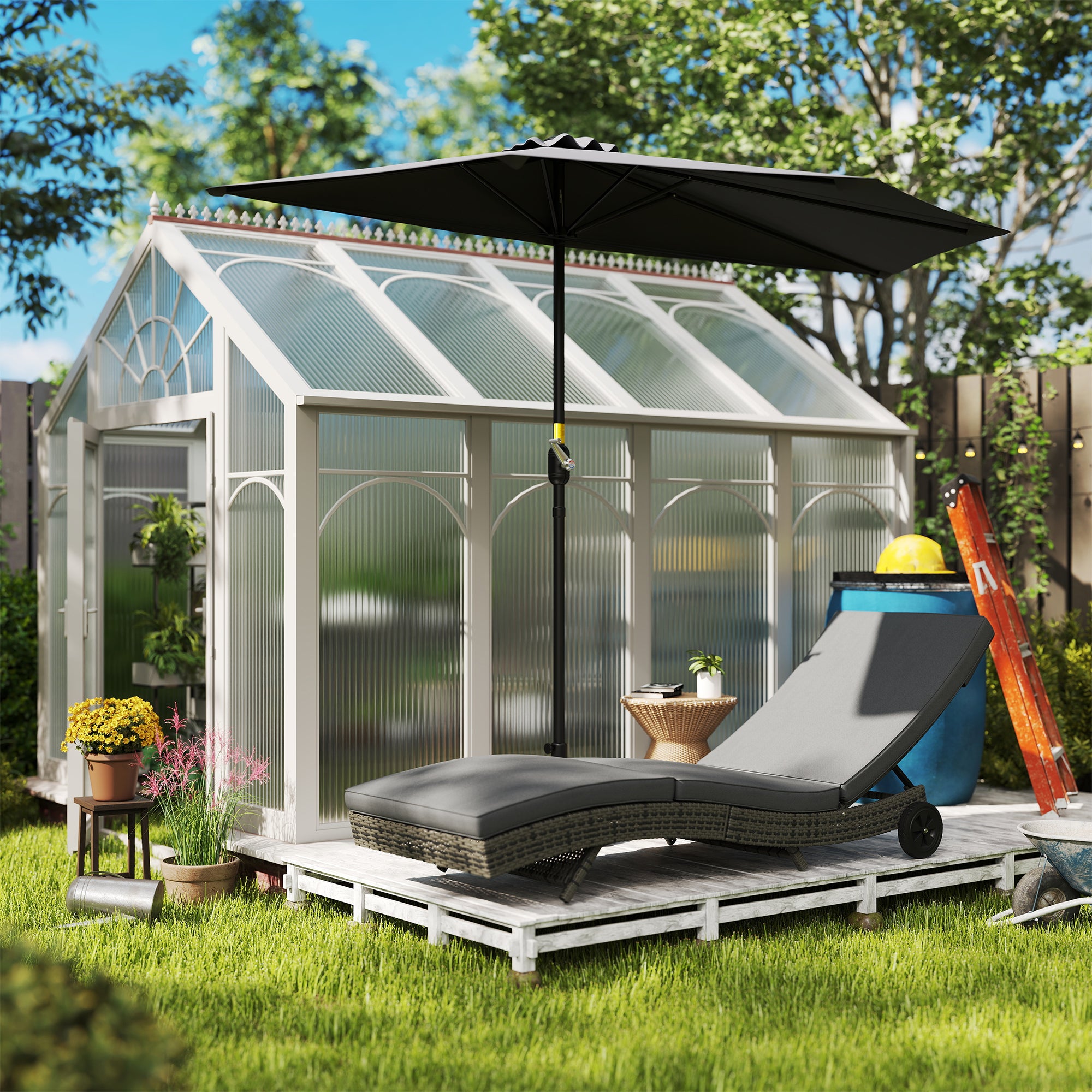 Patio Wicker Chaise Lounge Chair, Outdoor PE Rattan Sun Lounger with Adjustable Backrest and 2 Wheels, Dark Grey