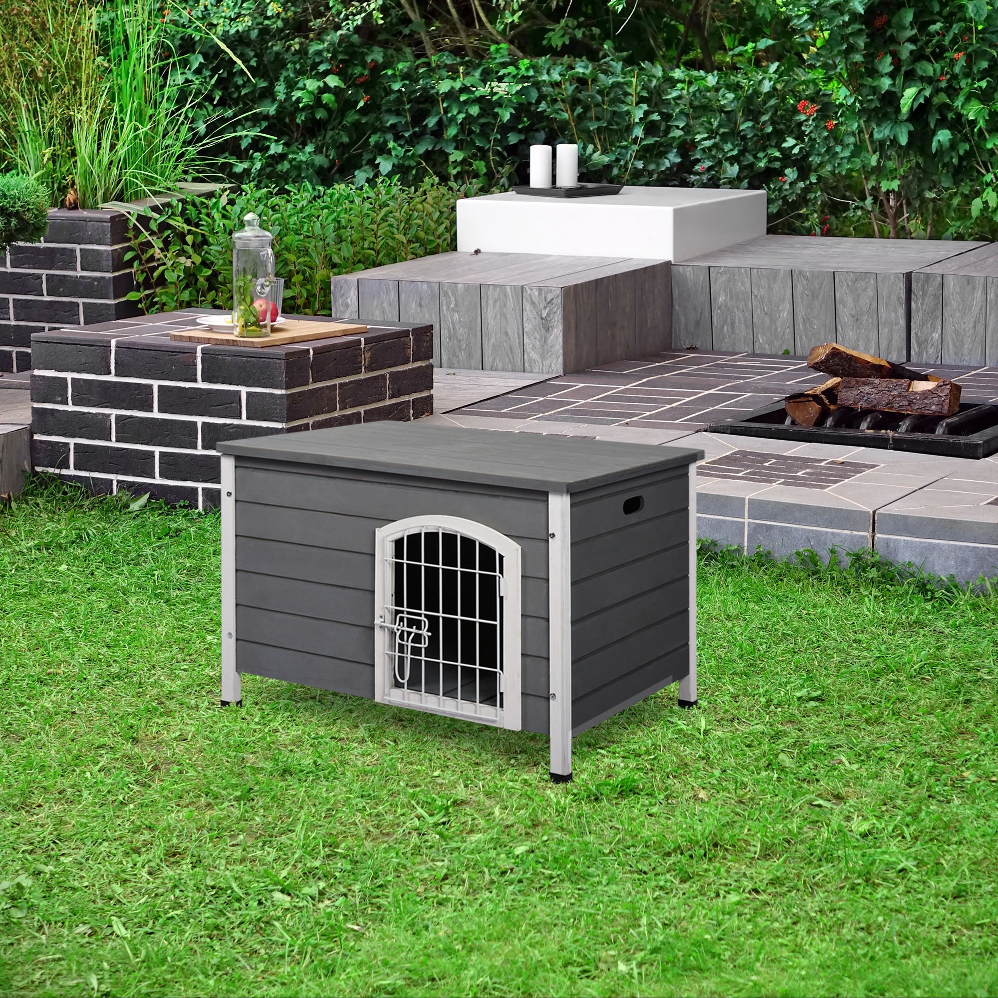 Wooden Dog Kennel Crate Pet House Wire Door Openable Top Removable Bottom Grey 80 x 55 x 53.5cm