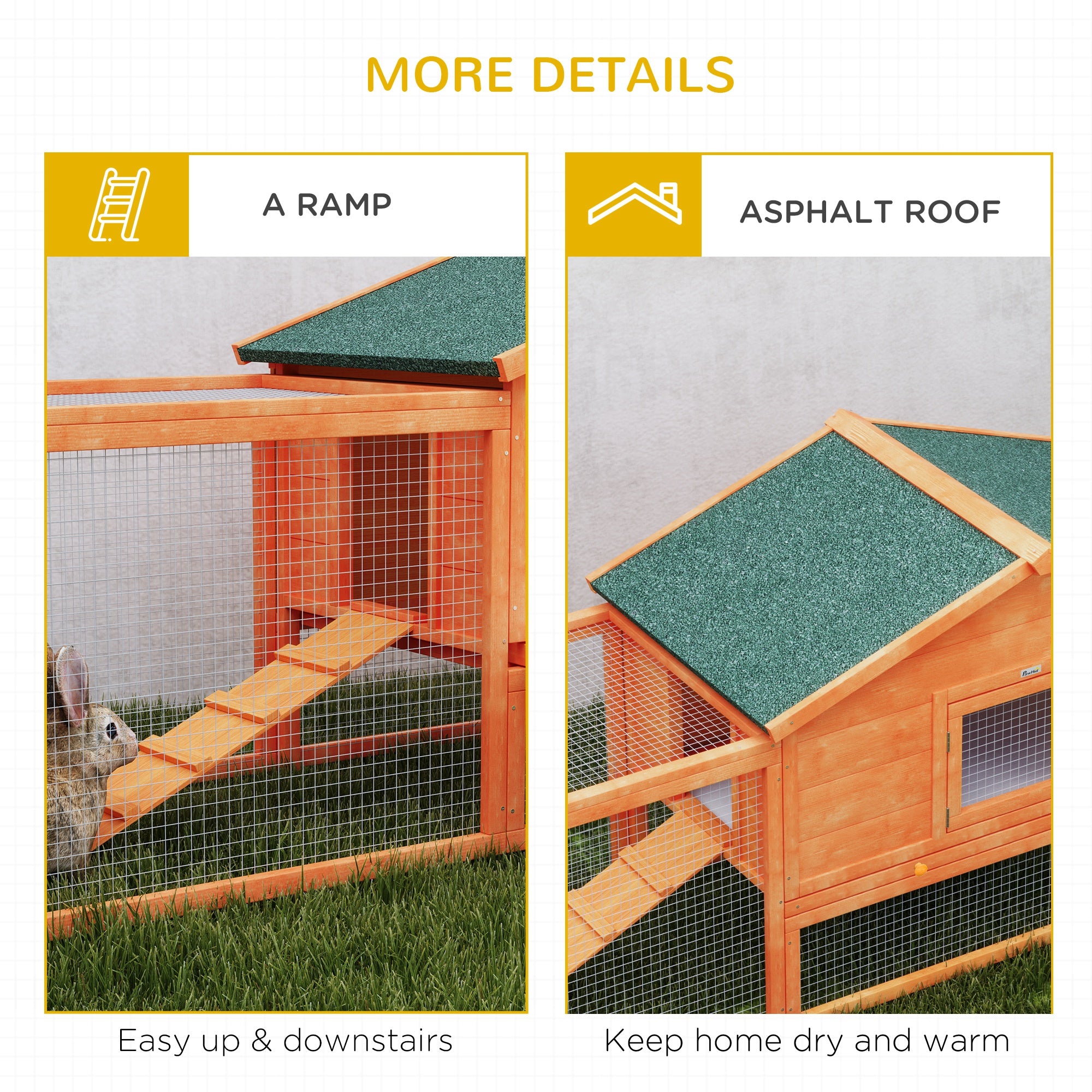 Wooden Rabbit Hutch with Run, Tray, Ramps, Asphalt Roof, 309 x 70 x 87cm, Orange