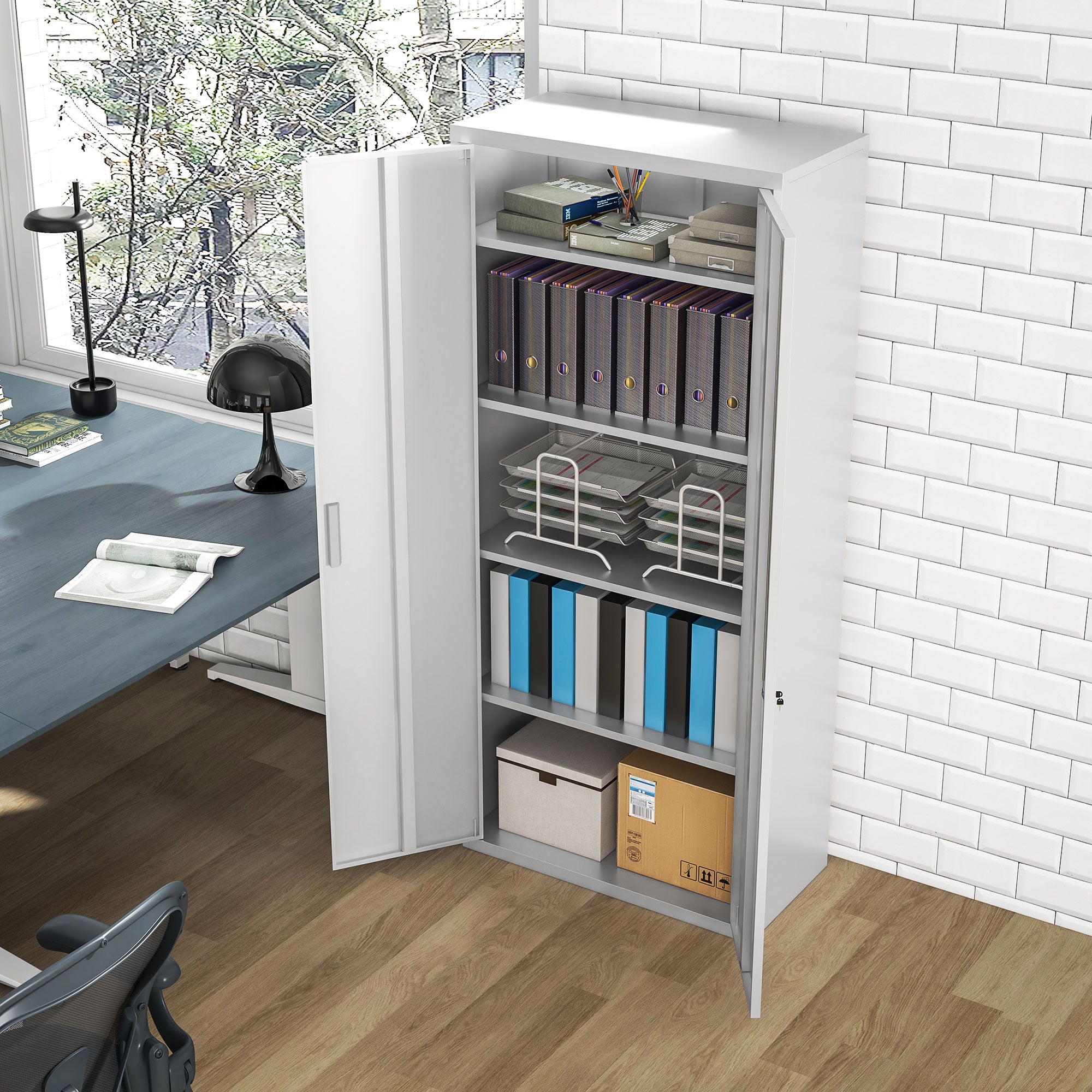 Five Shelf Lockable Steel Office Cabinet - White