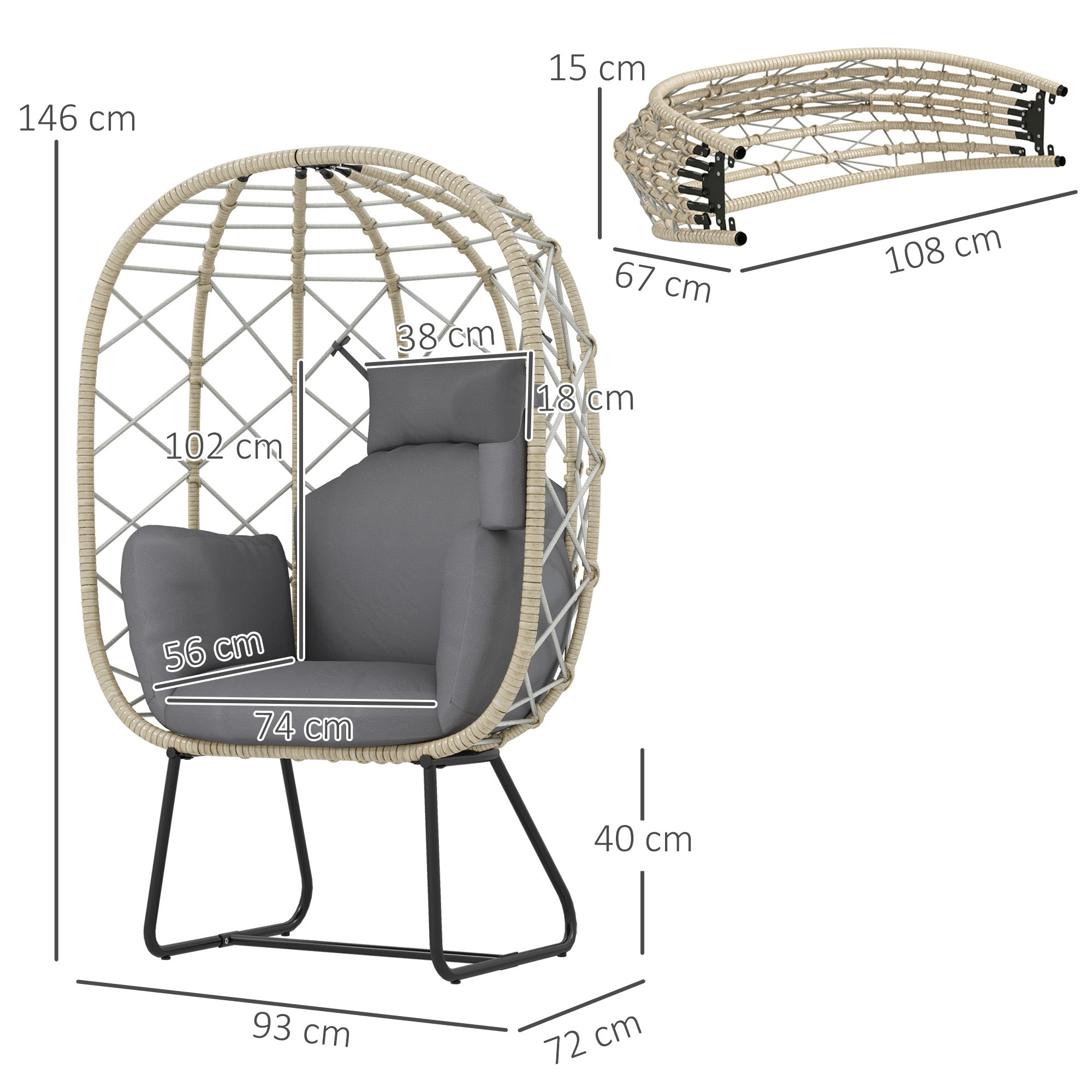 Rattan Egg Chair with Thick Cushion and Headrest Grey