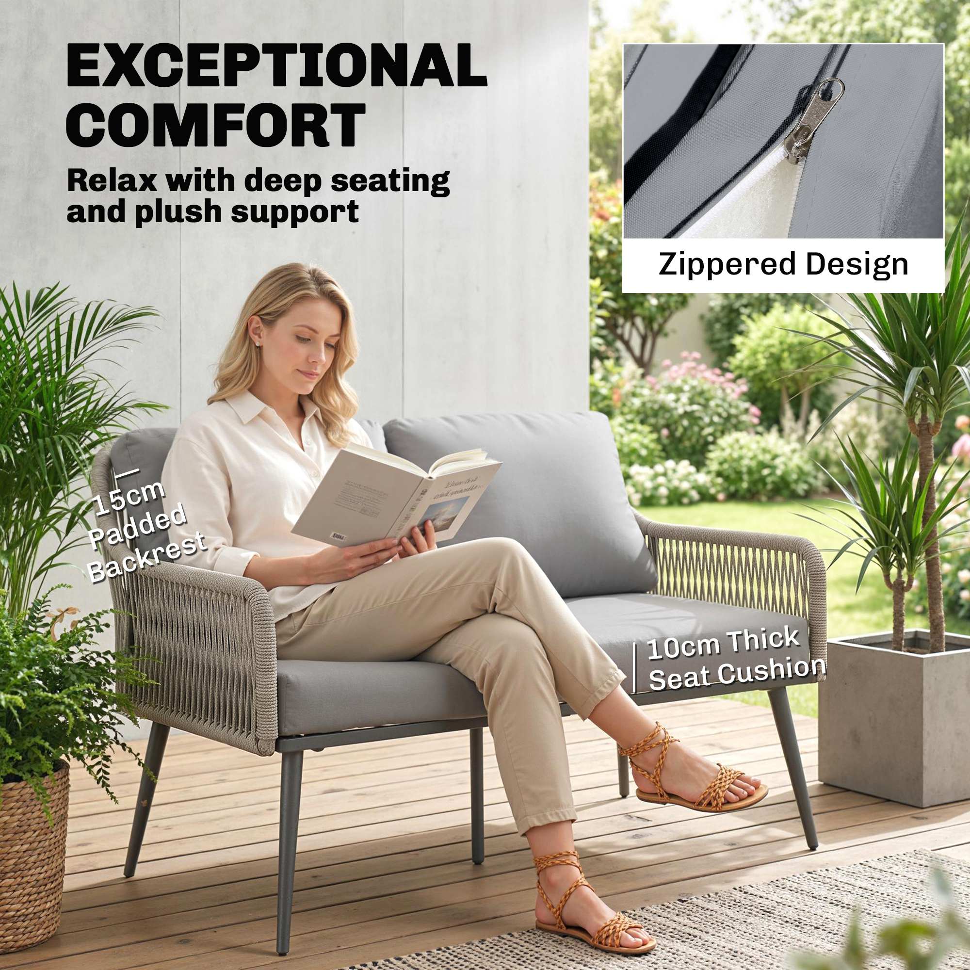 Rattan Garden Furniture Set, 4 Piece Outdoor Patio Furniture with Tempered Glass Table and Chairs, Indoor Balcony Conservatory Set