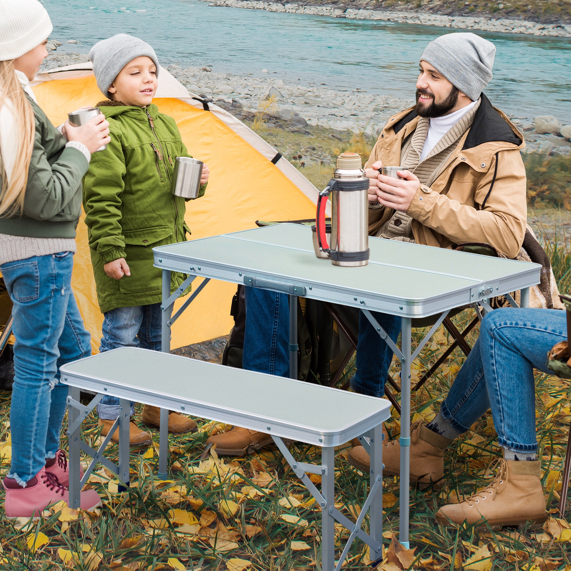 3 Pcs Portable Outdoor Picnic Table with Folding Bench Seats-Silver