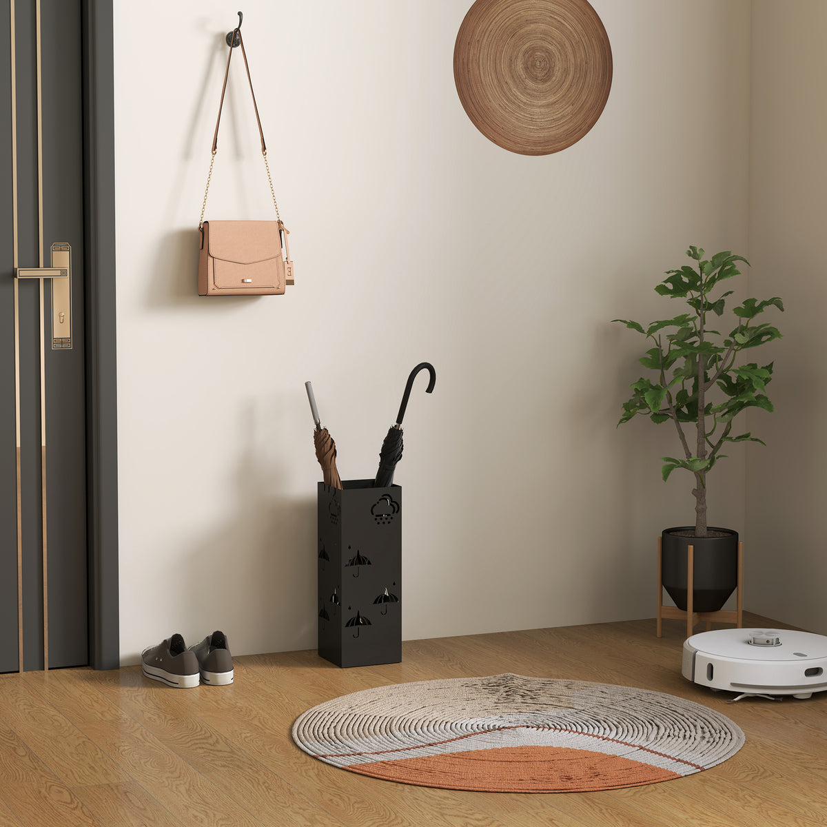 Metal Square Umbrella Stand with 4 Hooks & Removable Drip Tray 15.5x15.5x41 cm - Black