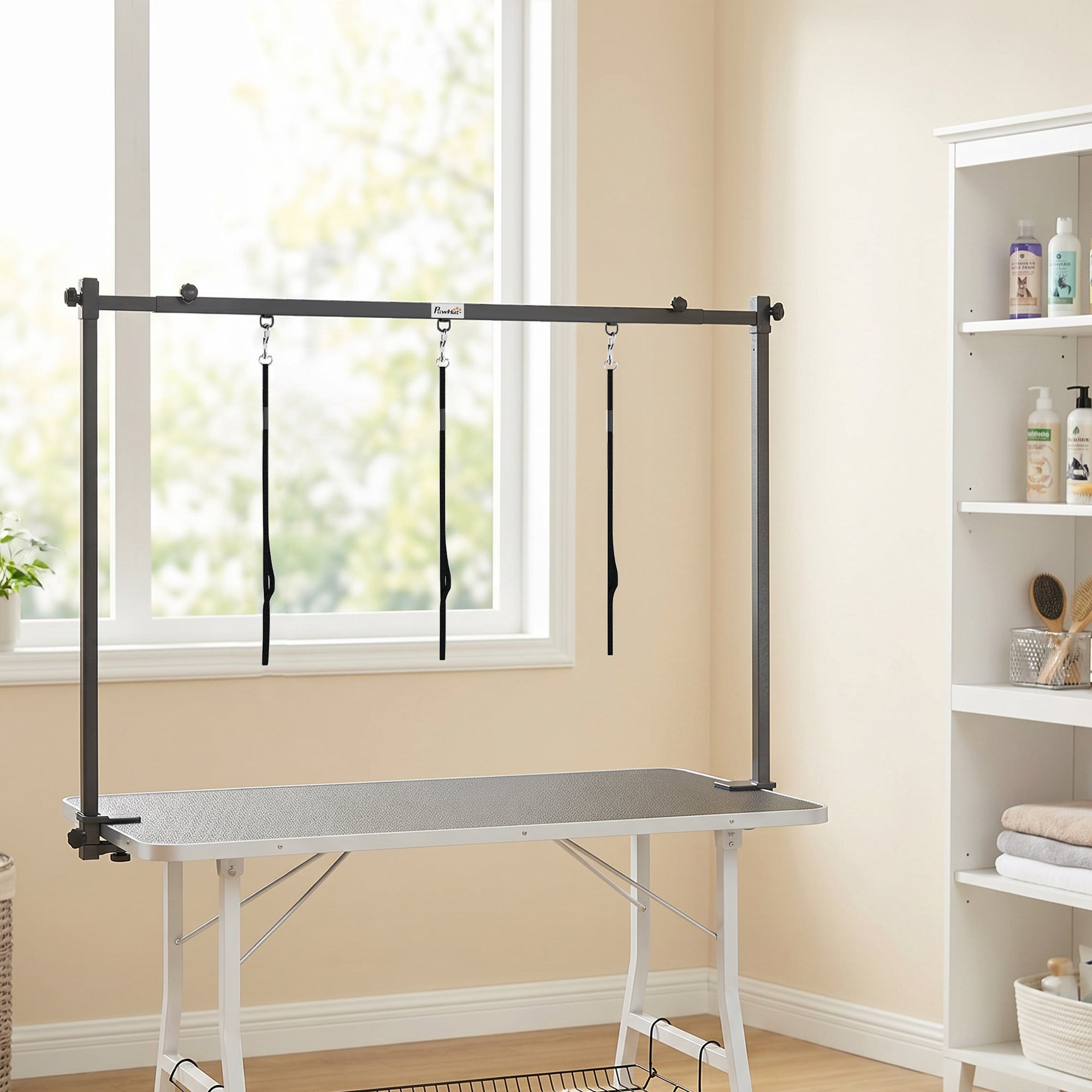 Dog Grooming Arm Adjustable H-Shape Dog Grooming Table Arm with Clamp and 3 Nooses Black