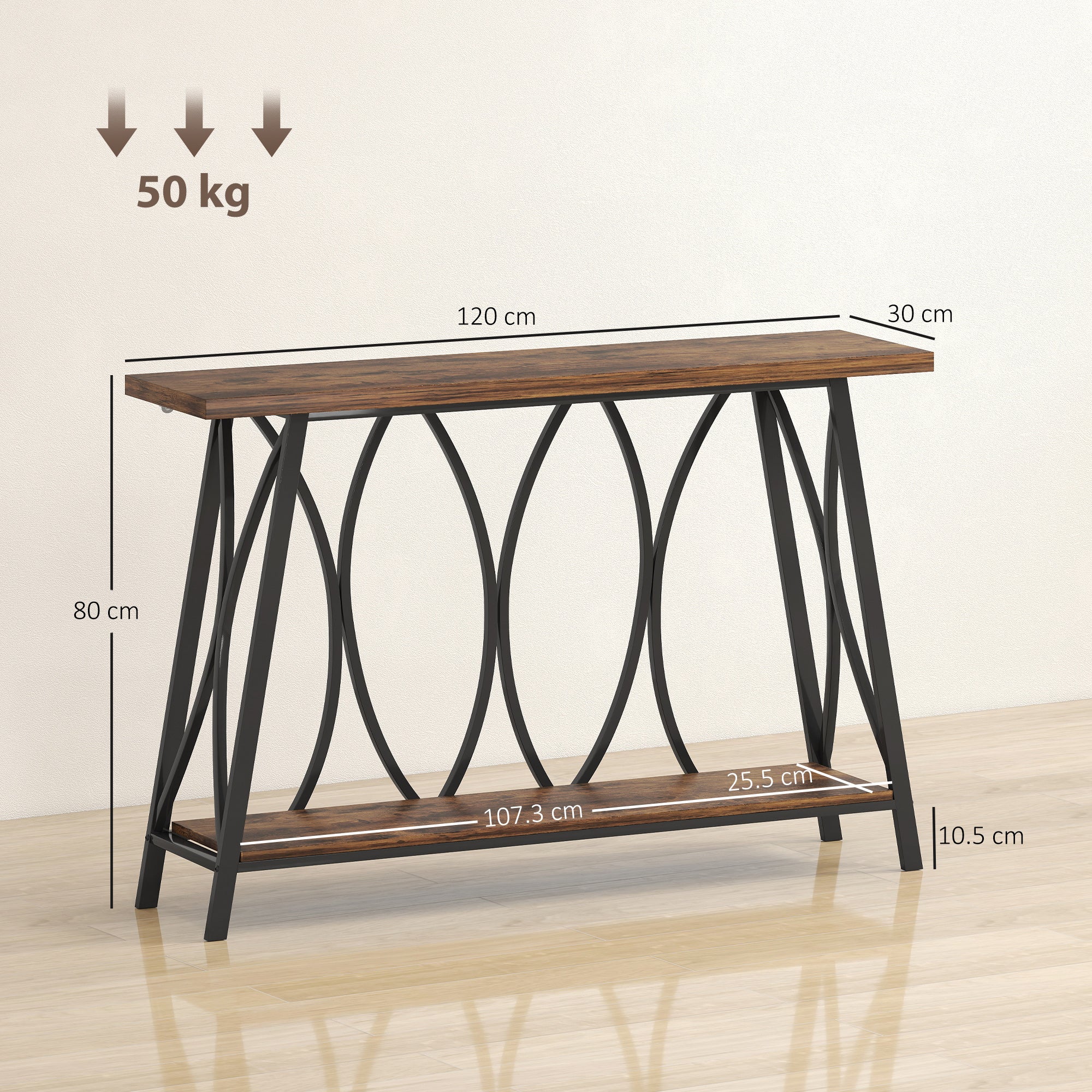 Narrow Console Table, Industrial 2-Tier Sofa Table with Metal Frame for Entryway, Living Room, 120x30x80cm, Rustic Brown