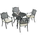 Cast Aluminium 4 Seater Outdoor Dining Set with Cushions and Parasol Hole - Black