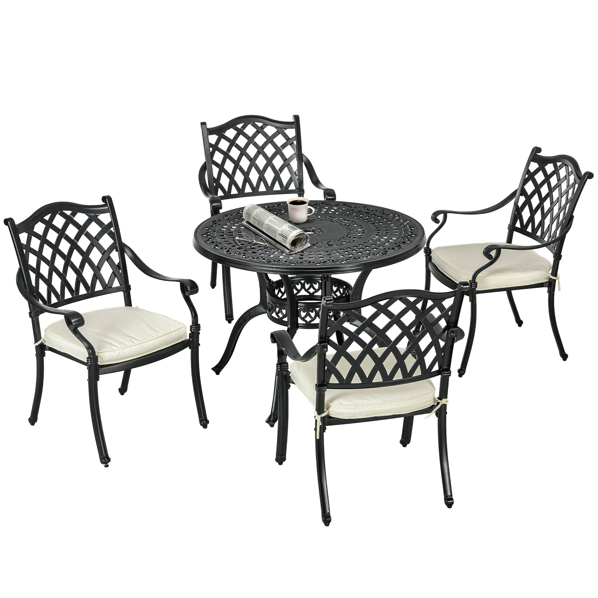 Cast Aluminium 4 Seater Outdoor Dining Set with Cushions Parasol Hole Black