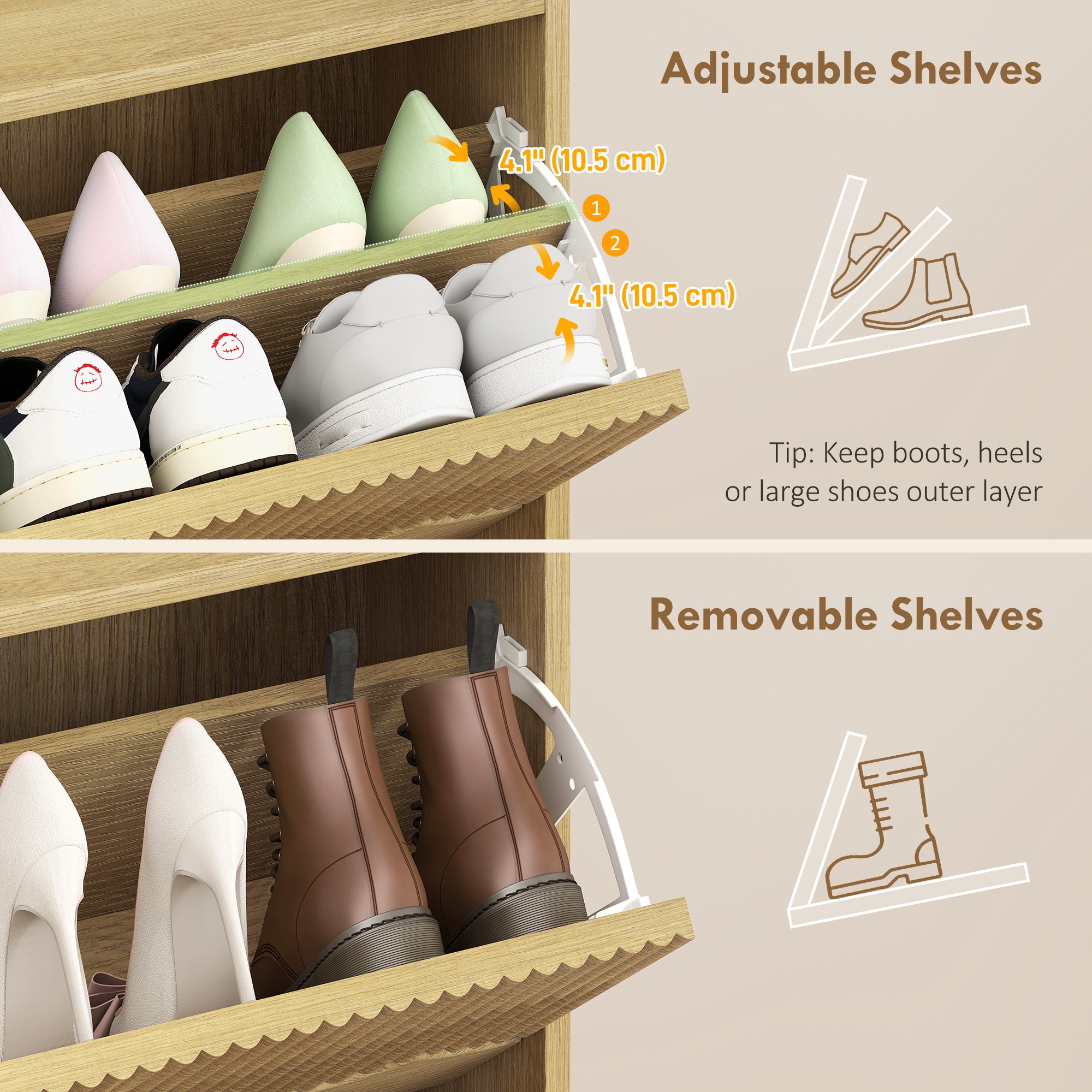 Narrow Shoe Cabinet, Modern Shoe Storage Cabinet with 3 Flip Drawers, Oak