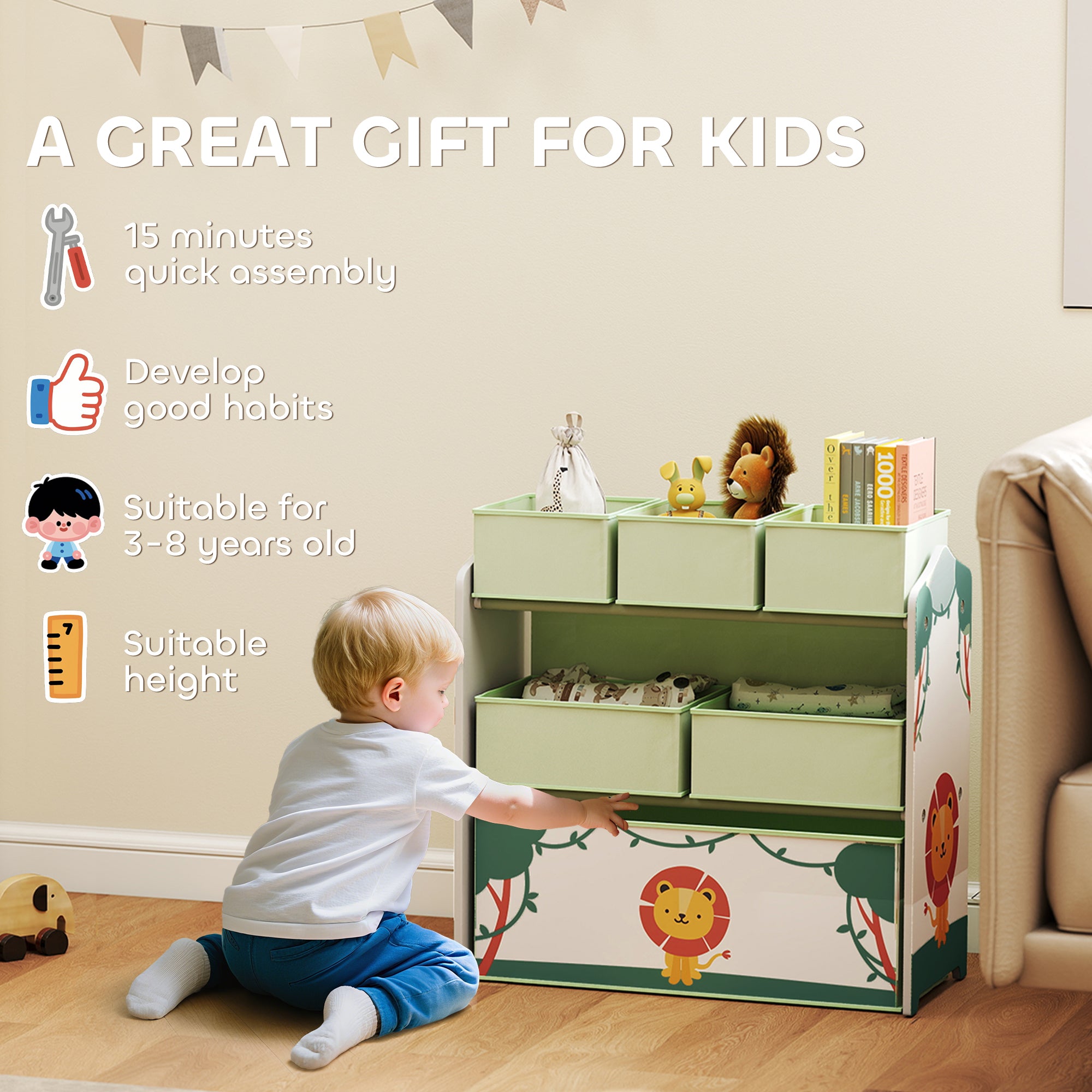 Kids Toy Storage Units, 3-Tier Toy Organiser Shelf with 6 Removable Boxes for Kids, Bedroom, Playroom, Green