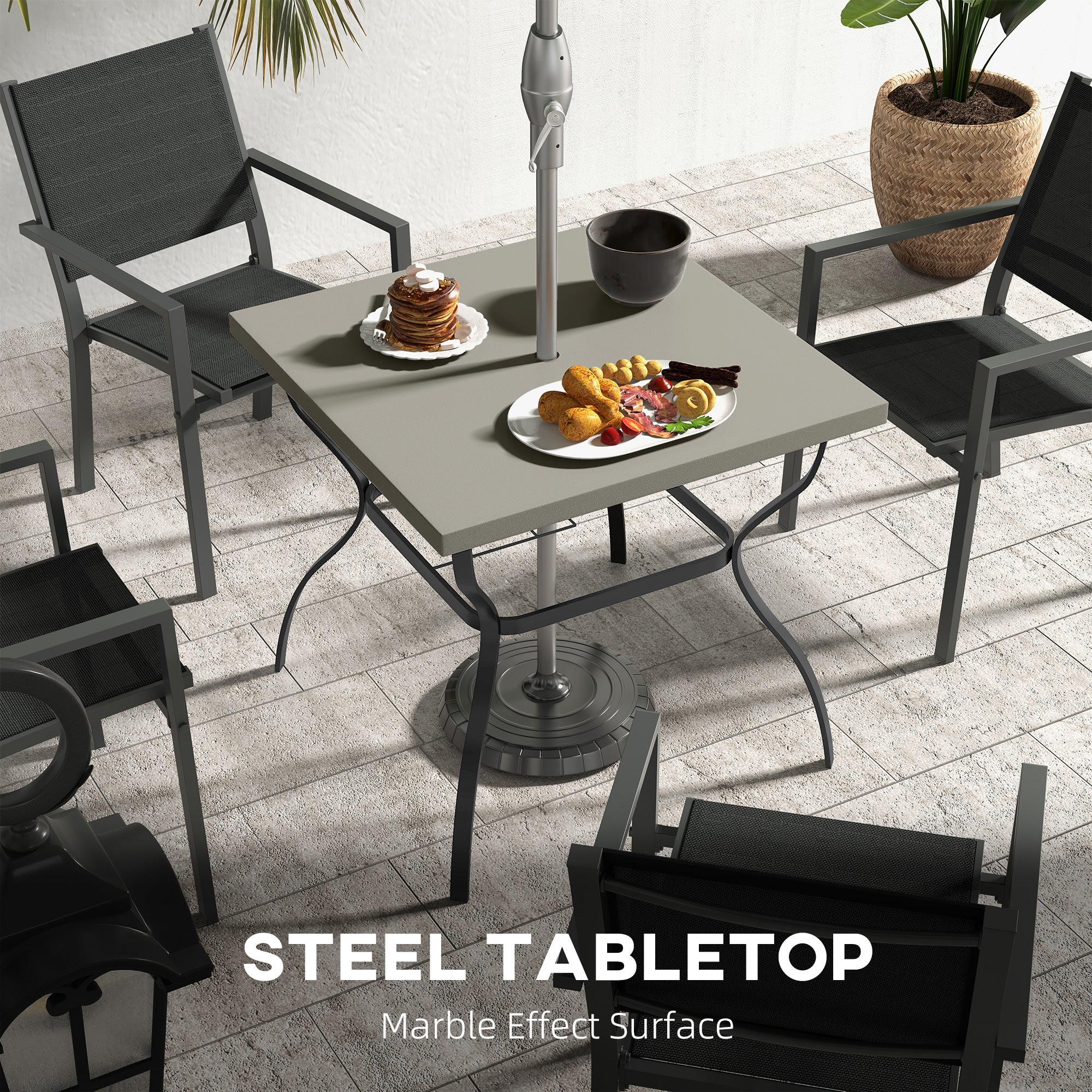 Four-Seater Steel Garden Table, with Parasol Hole - Grey/Black