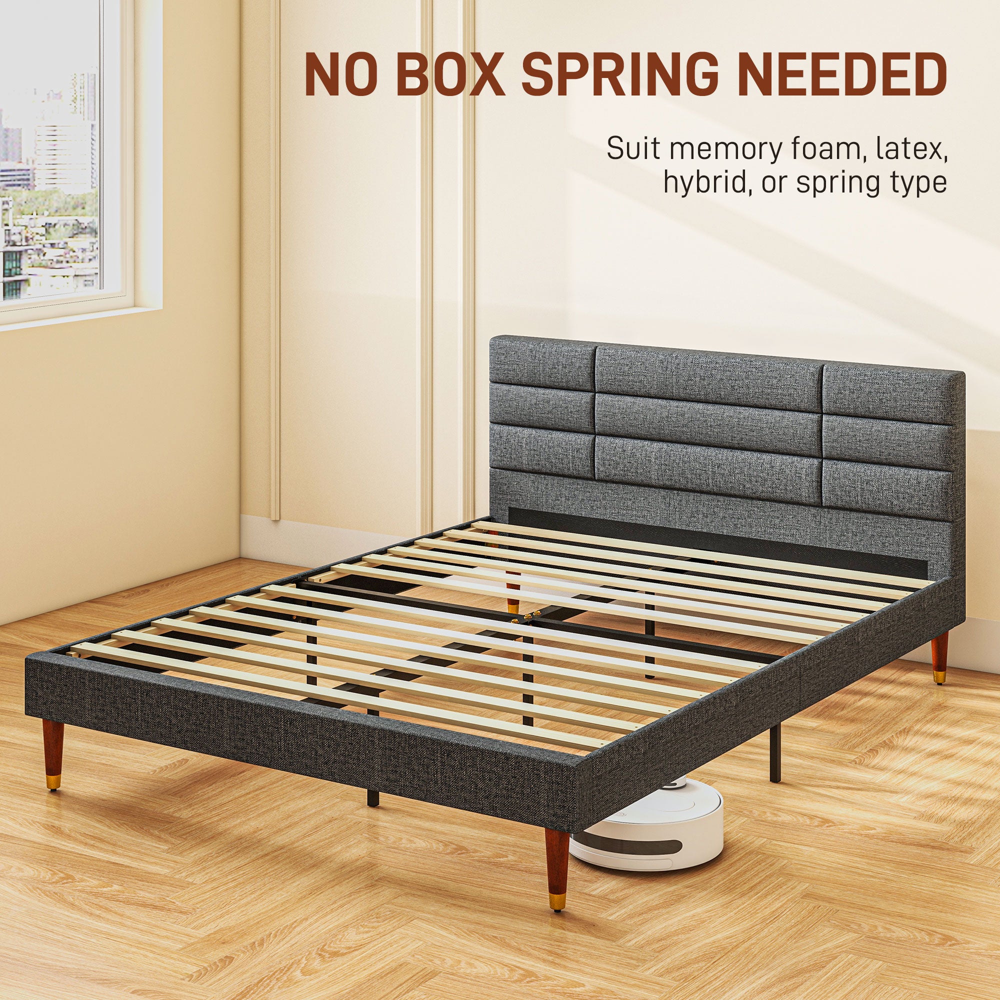 Upholstered King Bed Frame, with Slats - Grey