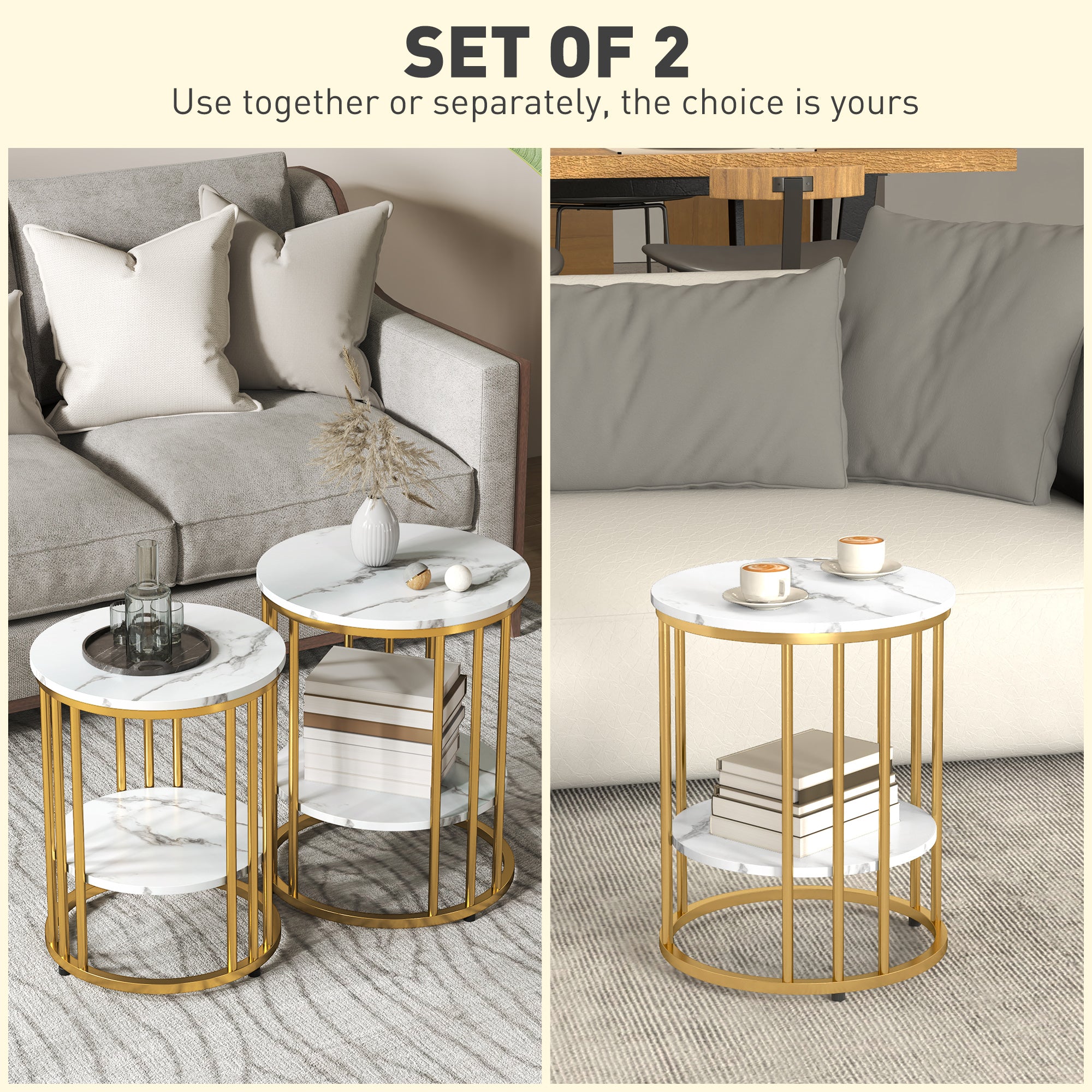 Set of Two Marble-Effect Two-Tier Coffee Tables - White/Gold-Tone