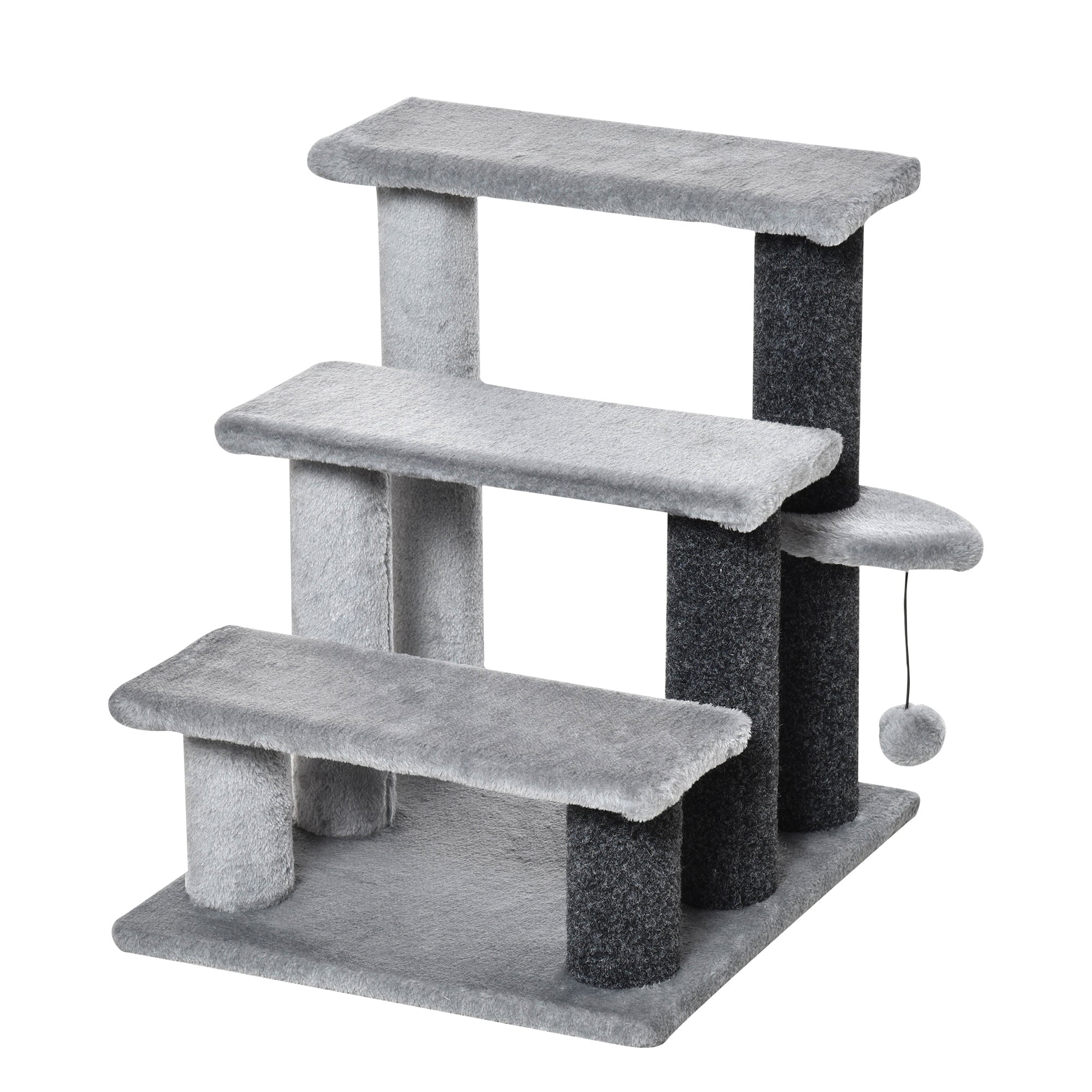 3-step Pet Stairs with Scratching Posts, Platforms, Toy Ball, Grey