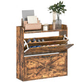 Two Flip Drawer Narrow Shoe Cabinet with Adjustable Shelves - Rustic Brown
