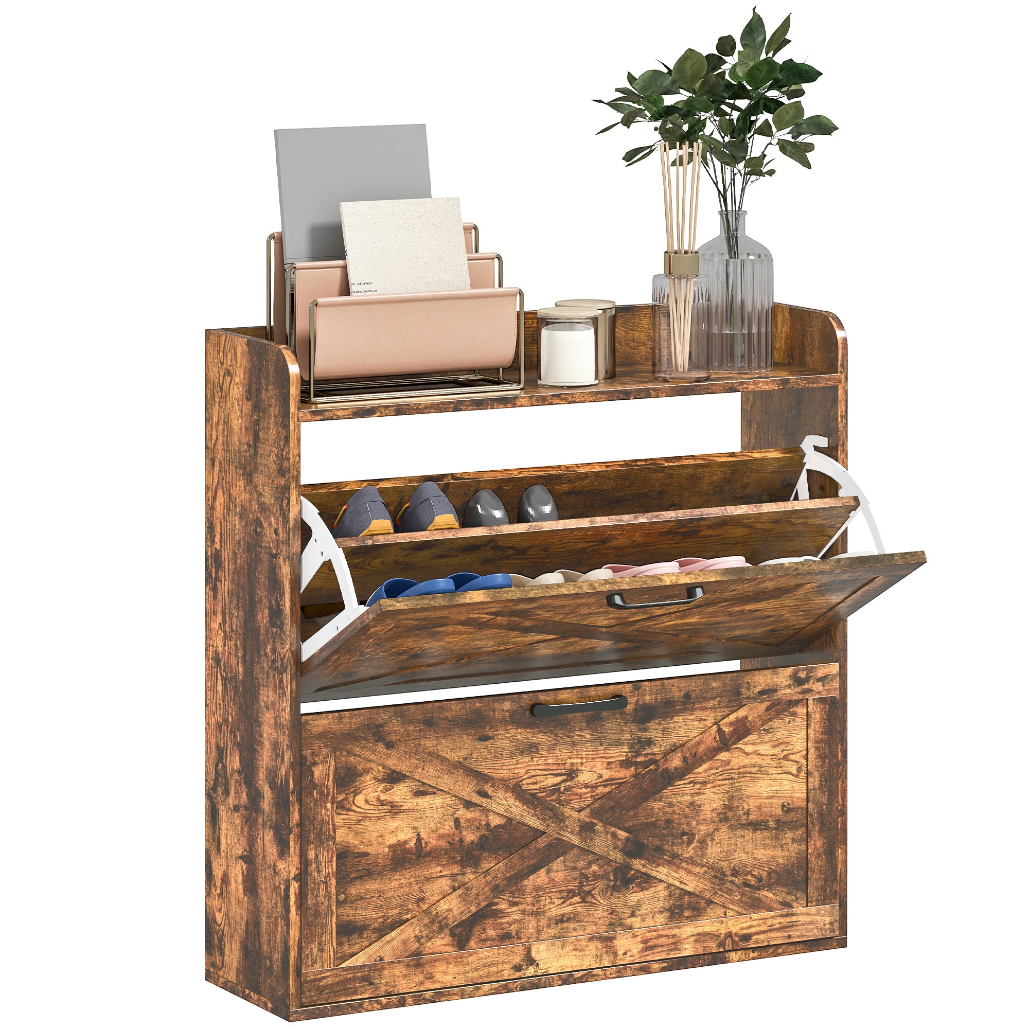 Two Flip Drawer Narrow Shoe Cabinet with Adjustable Shelves - Rustic Brown