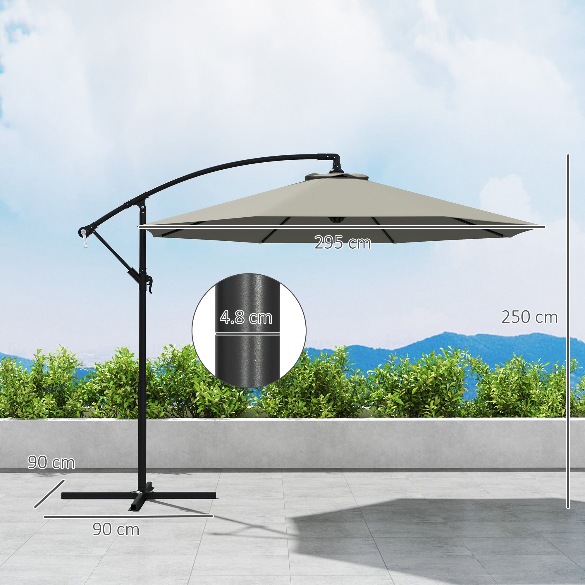 3m Overhanging Cantilever Parasol, with Cross Base - Light Grey