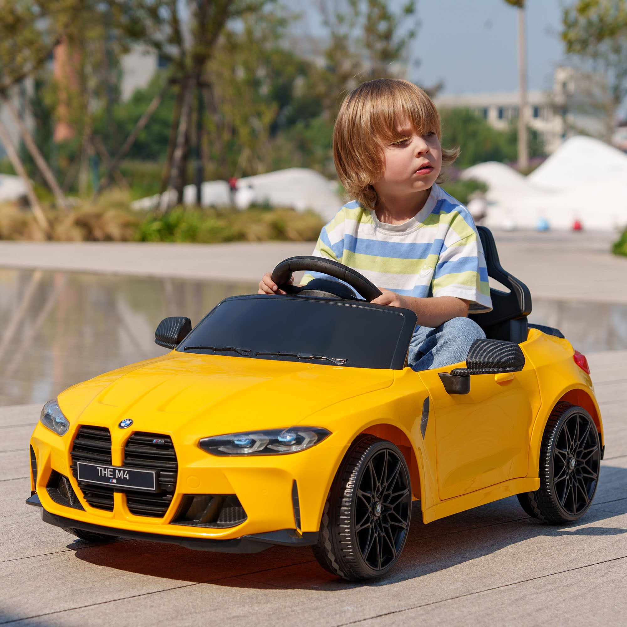 12V BMW M4 Licensed Kids Car with Easy Transport, Remote Control, Suspension, Music, Horn, LED Lights, Yellow