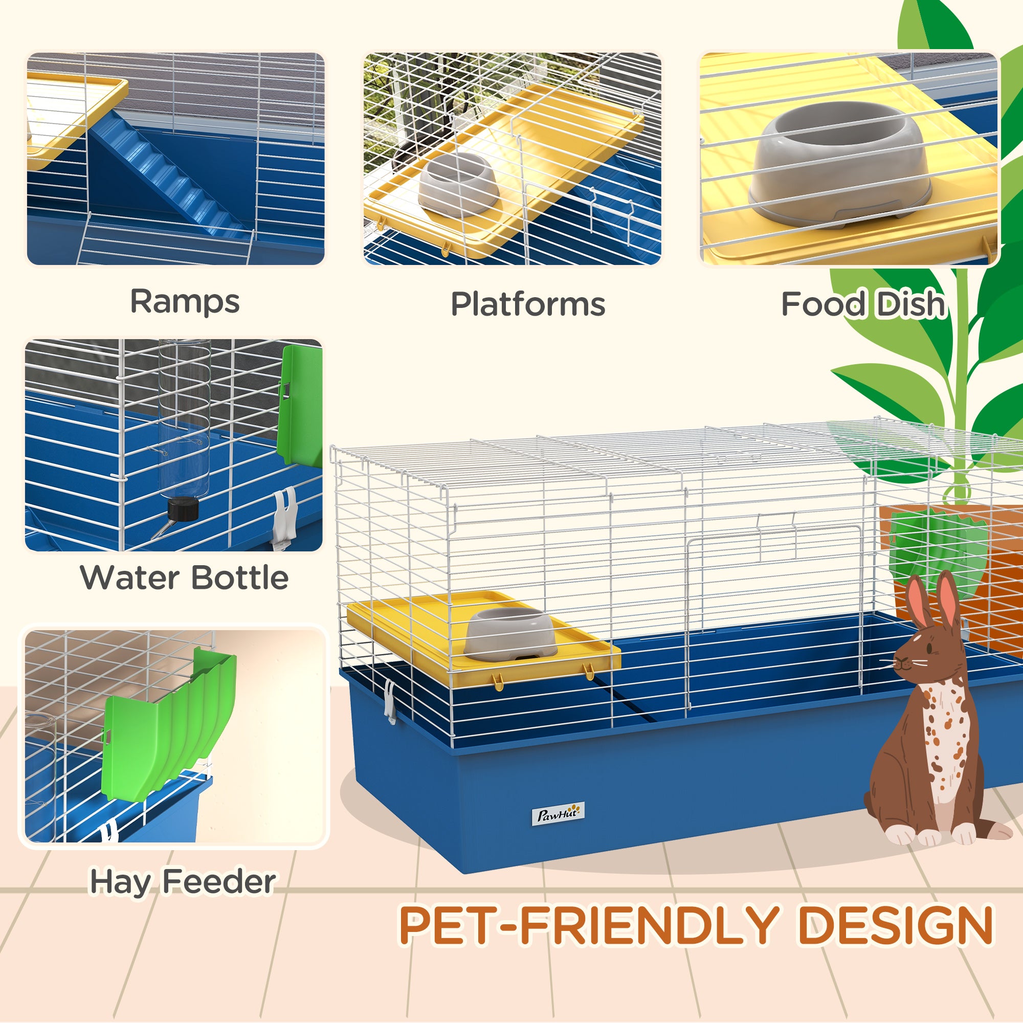 Chinchillas Small Rabbit Guinea Pig Small Animal Cage, Pet Playhouse, with Platform, Ramp, 99 x 52 x 53cm, Blue