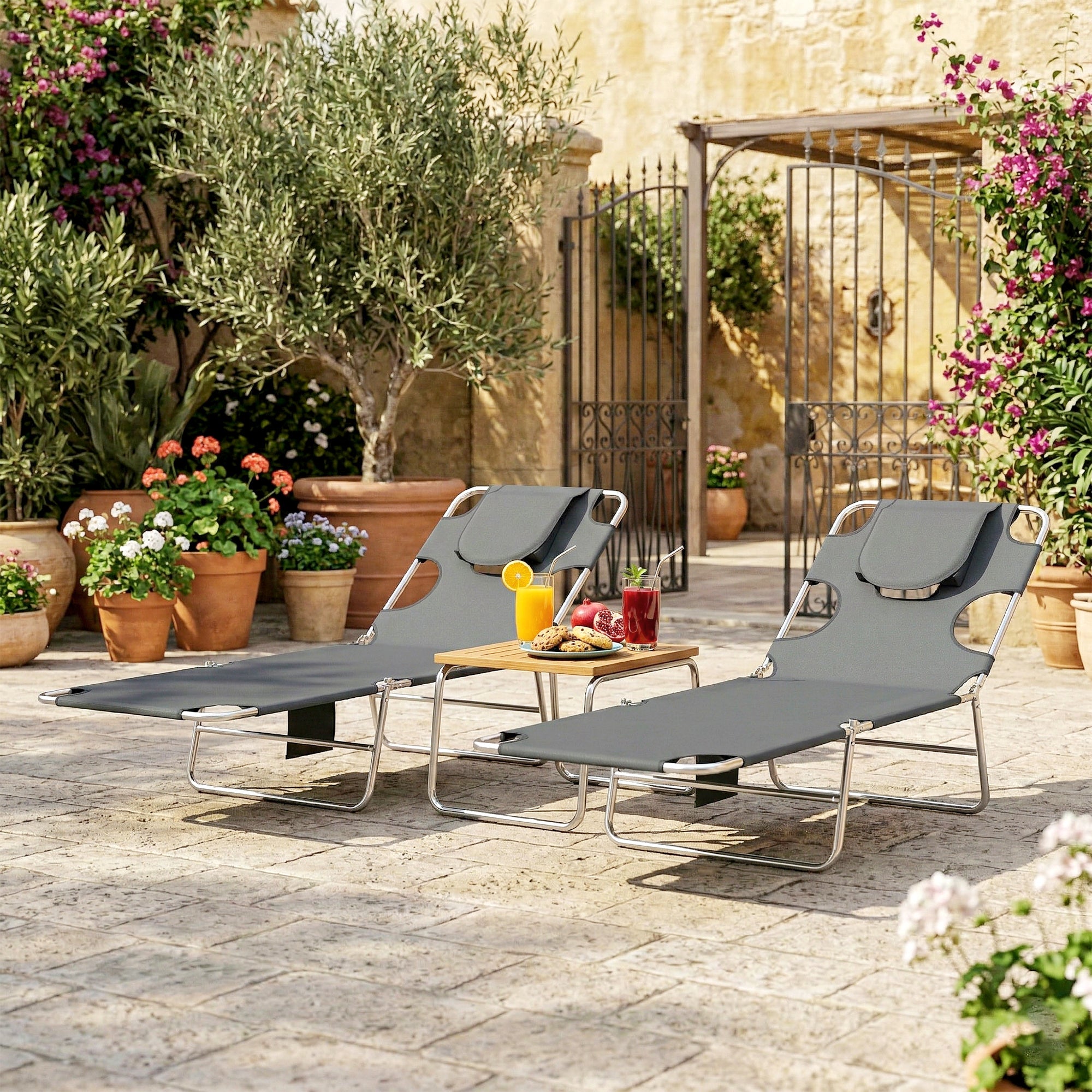 5-Position Adjustable Sun Loungers Set of 2 with Reading Hole and Side Pocket, Dark Grey