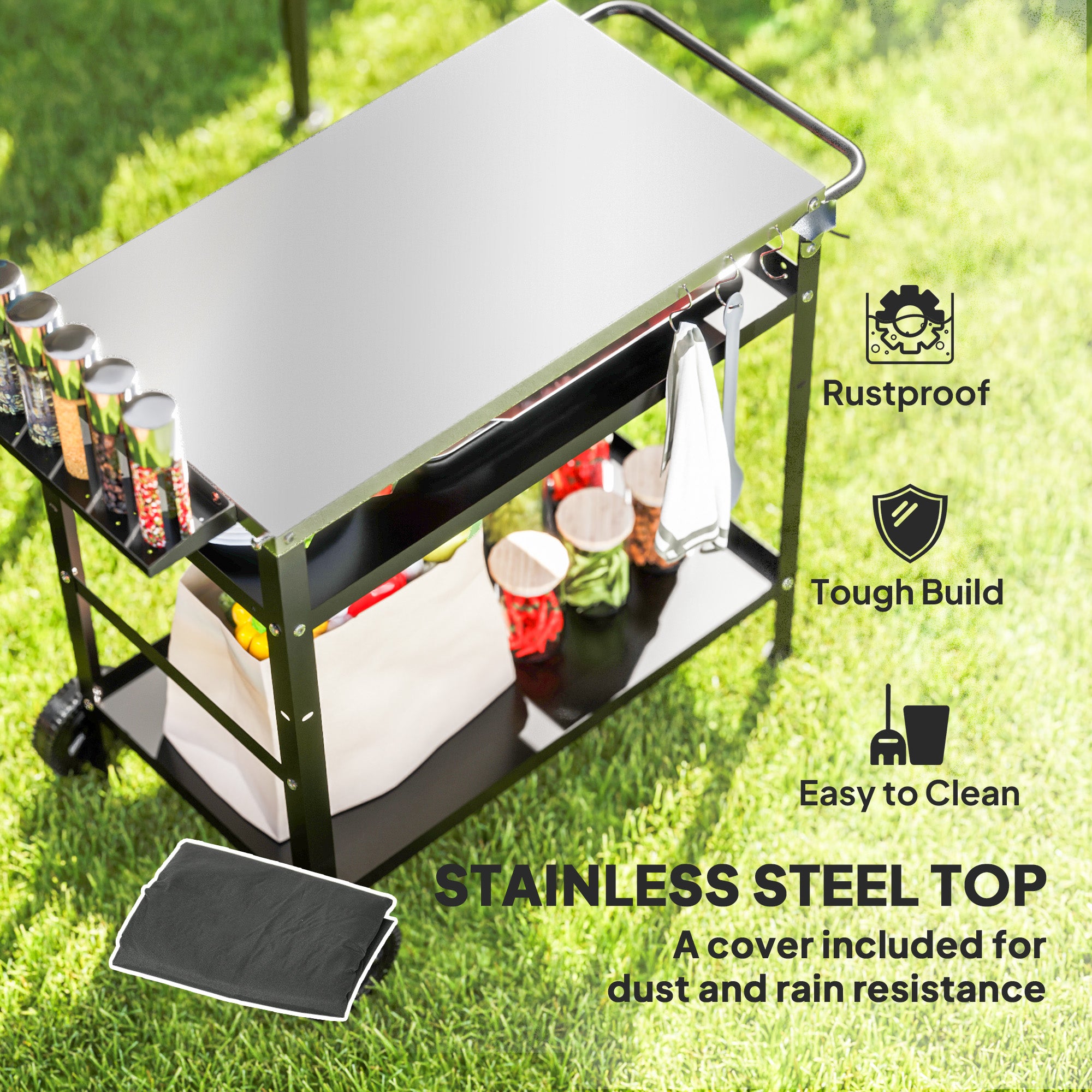 BBQ Trolley with Stainless Steel Top Adjustable Shelf, Outdoor Kitchen BBQ Station with Hooks Seasoning Tray Towel Rack, Pizza Oven Table Movable Outdoor Grill Dining Cart with Cover, Black