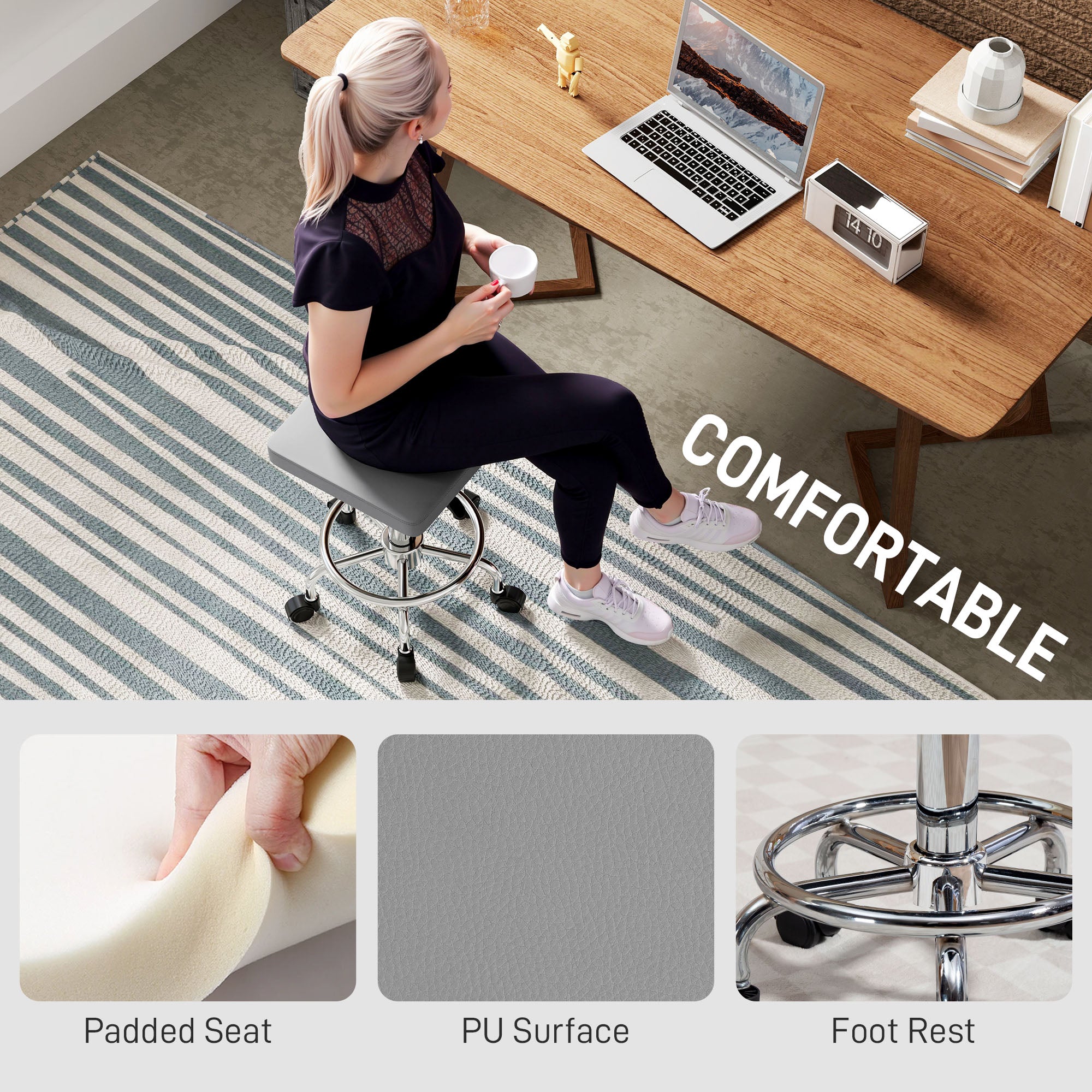 Adjustable PU Leather Rolling Stool with Footrest and Wheels - Grey