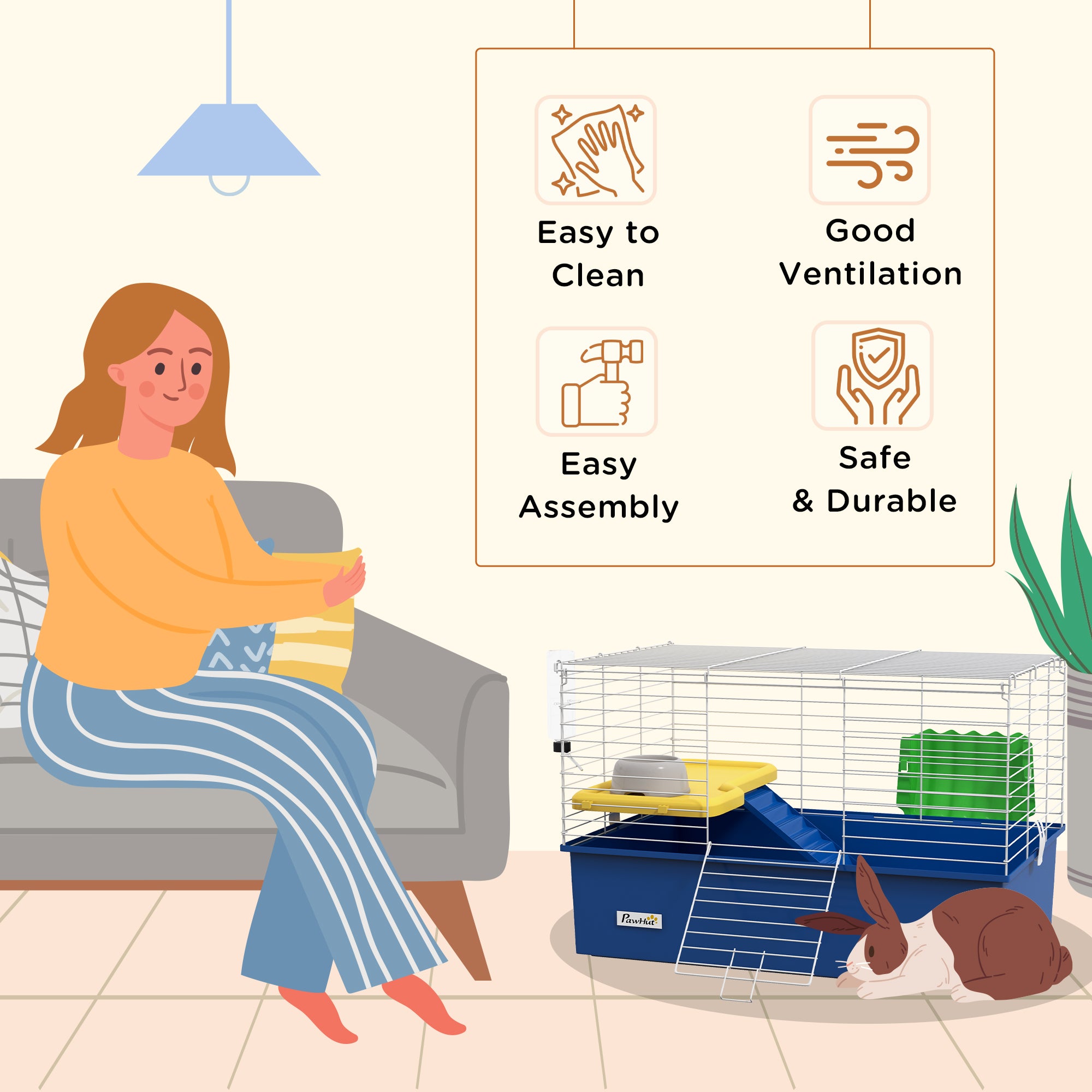 Chinchillas Small Rabbit Guinea Pig Small Animal Cage, Pet Playhouse, with Platform, Ramp, 71 x 46 x 47cm, Blue