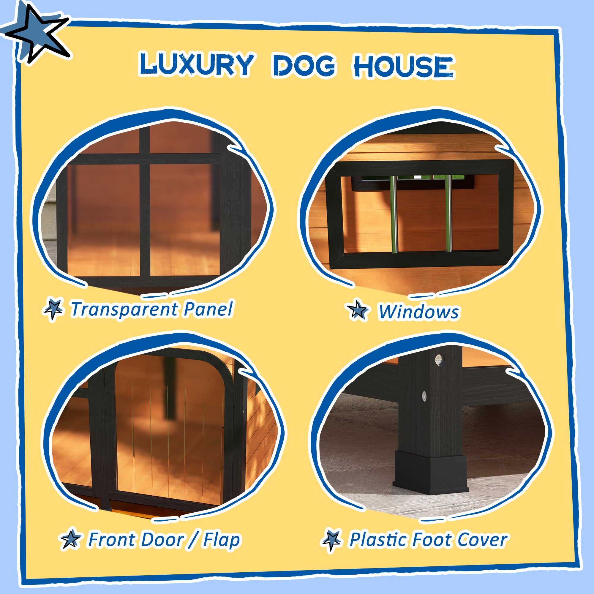 Wooden Dog Kennel with Removable Floor, Asphalt and Openable Roof, Giant Window for Large Dogs, Yellow