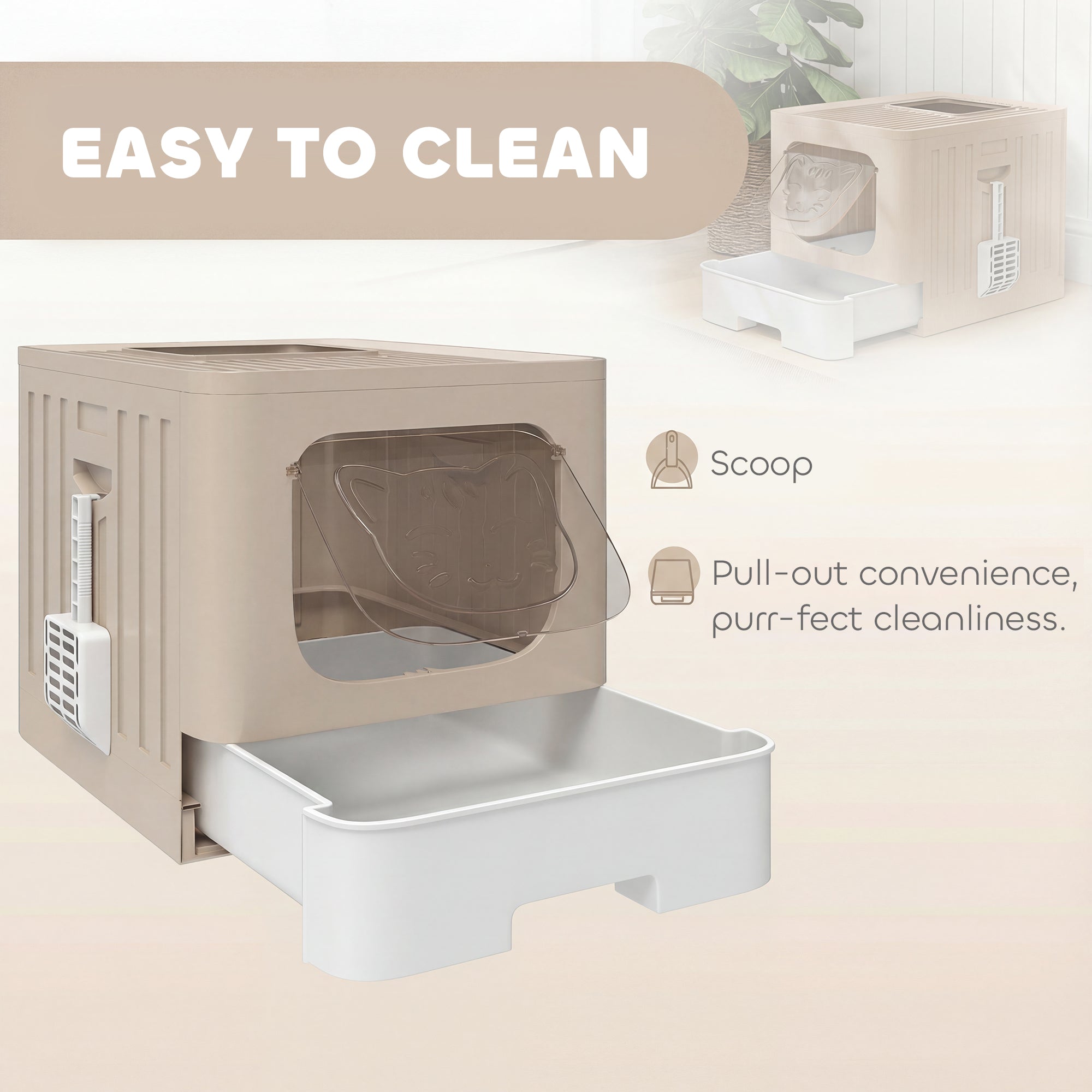 Cat Litter Box with Lid, Slide-Out Drawer, Scoop, Easy Clean, Odour Control, Anti-Splashing, Khaki