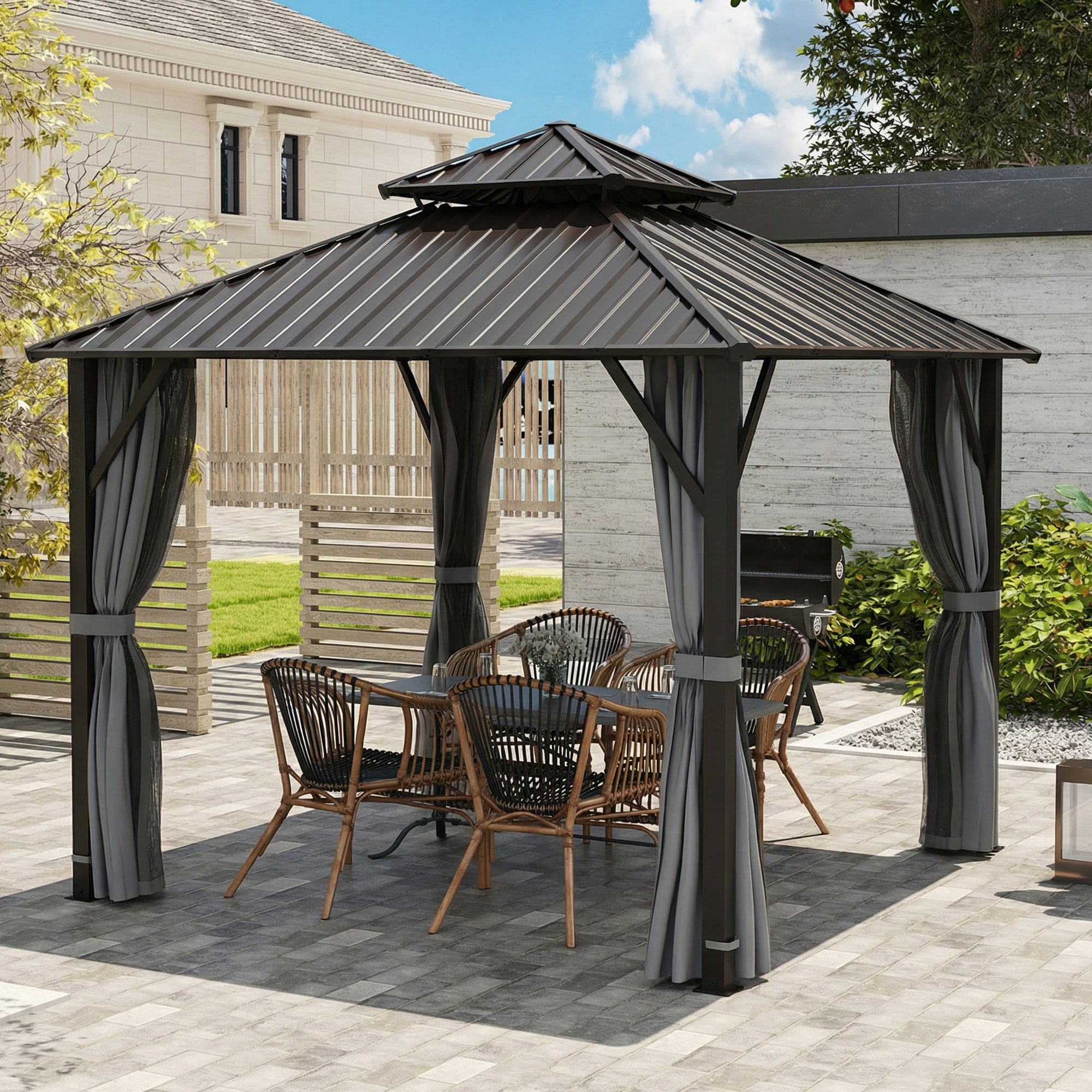 3 x 3(m) Hardtop Gazebo Canopy with Metal Roof, Waterproof Permanent Pavilion Garden Gazebo with Netting, Curtains, Grey