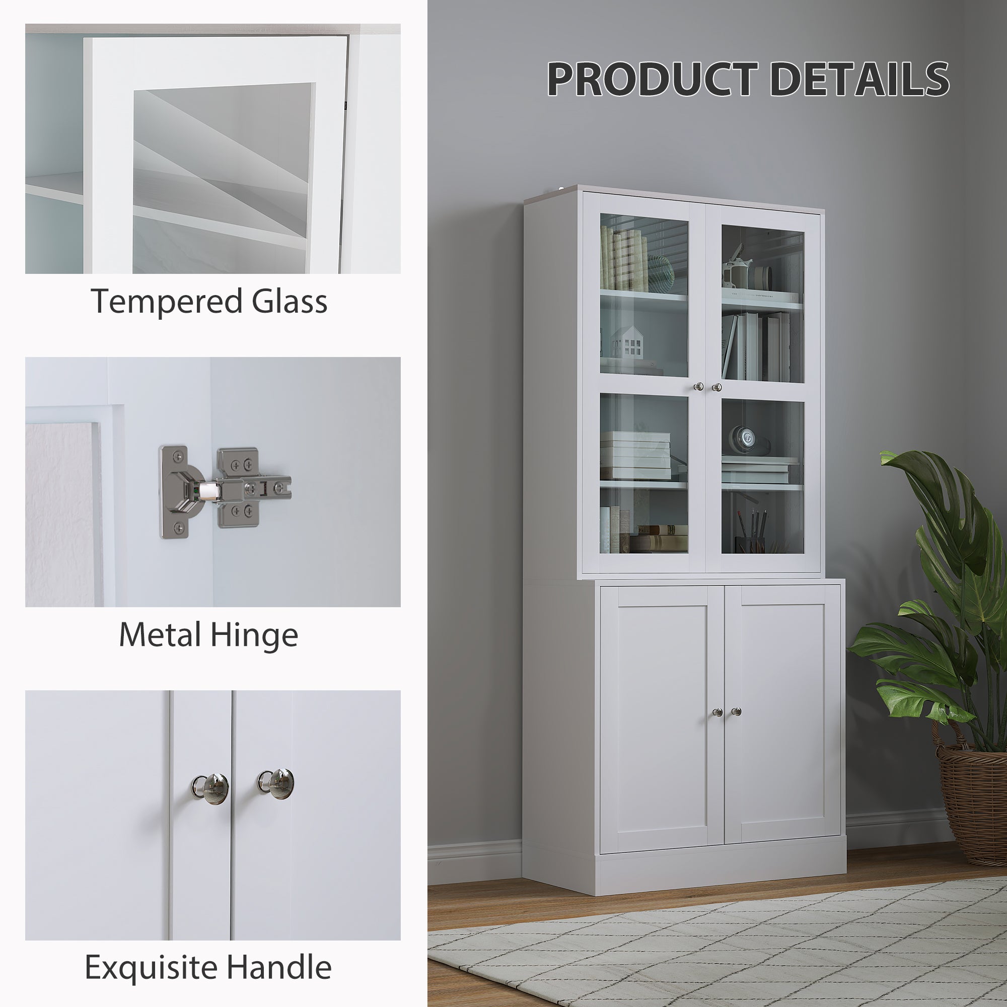 Double Storage Display Cabinet with Glass Doors - White